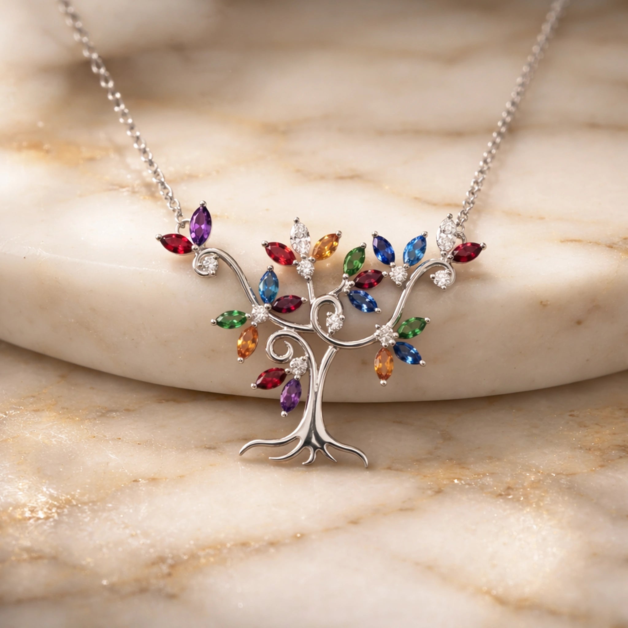 Tree of Life Multi-Color Crystal Pendant  Necklace in 925 Silver