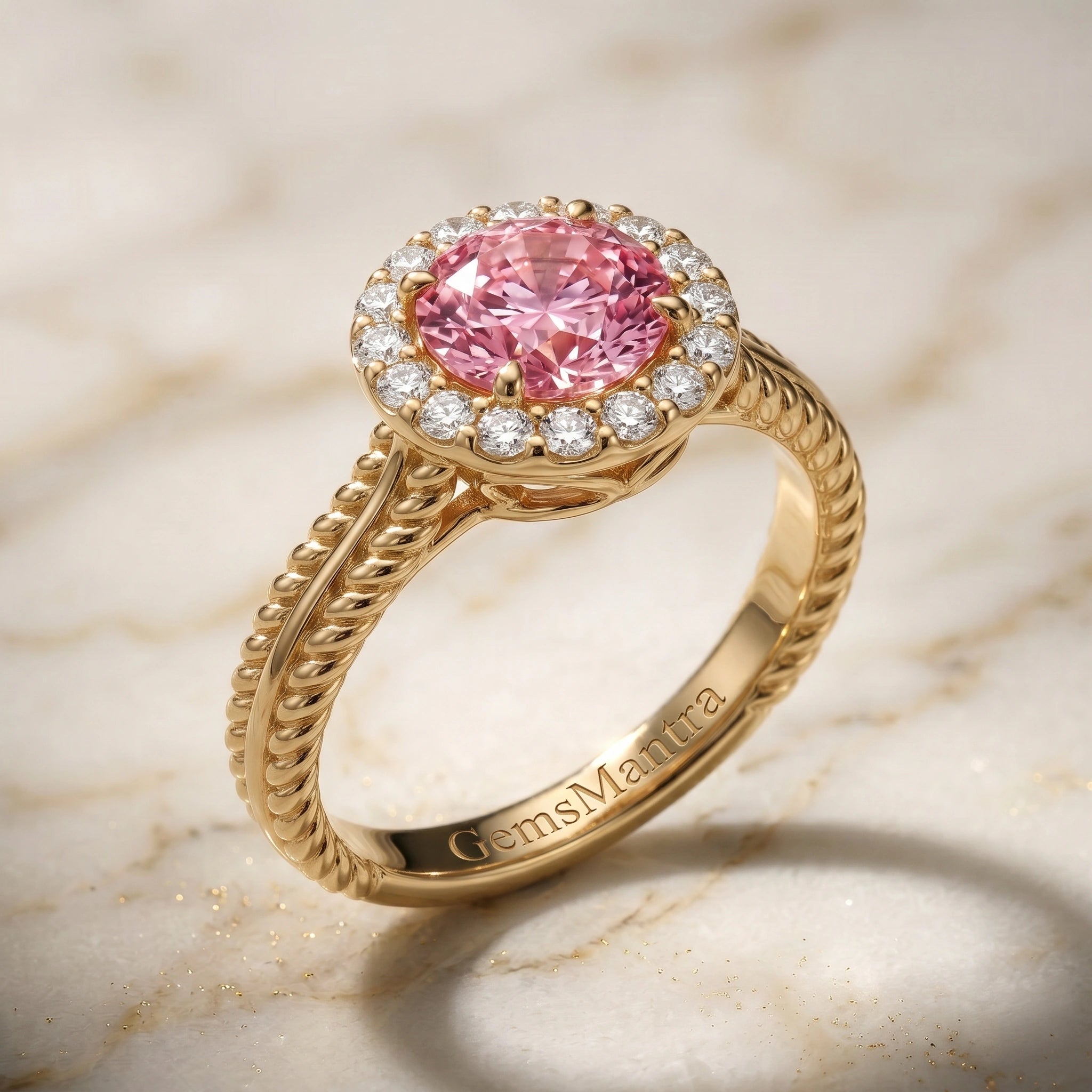 Round Blush Pink Diamond Rope Band Halo Engagement Ring