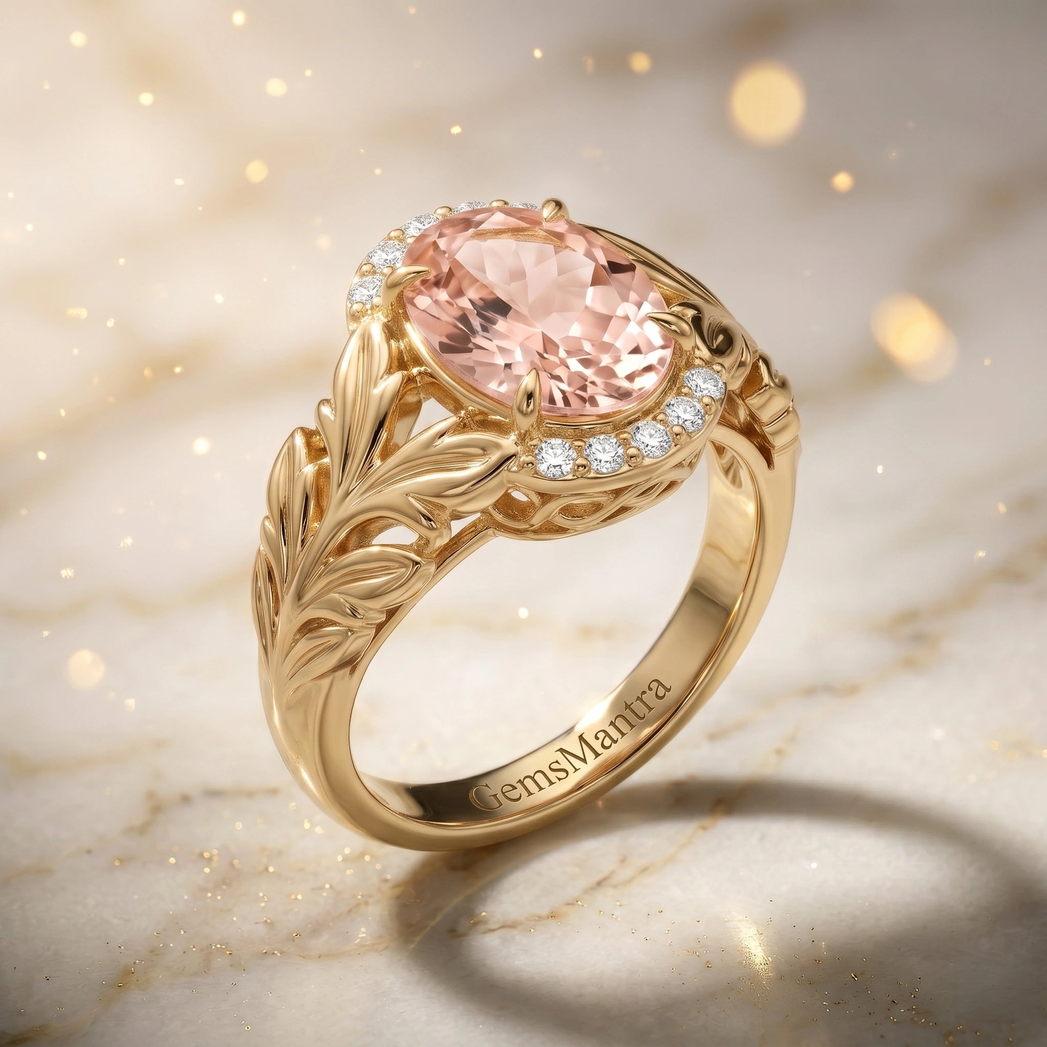 Botanical Oval Pastel Peach Crystal Filigree Ring