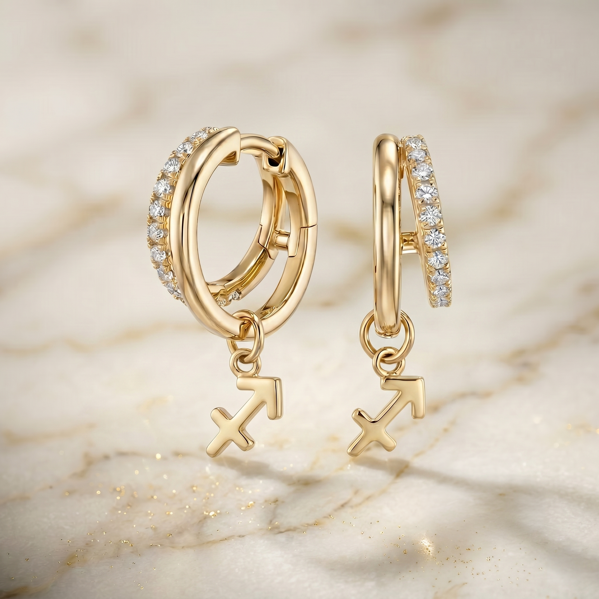 Diamond Finish Moissanite Pavé Hoop Earrings with Sagittarius Zodiac Drop (Gold-Plated)