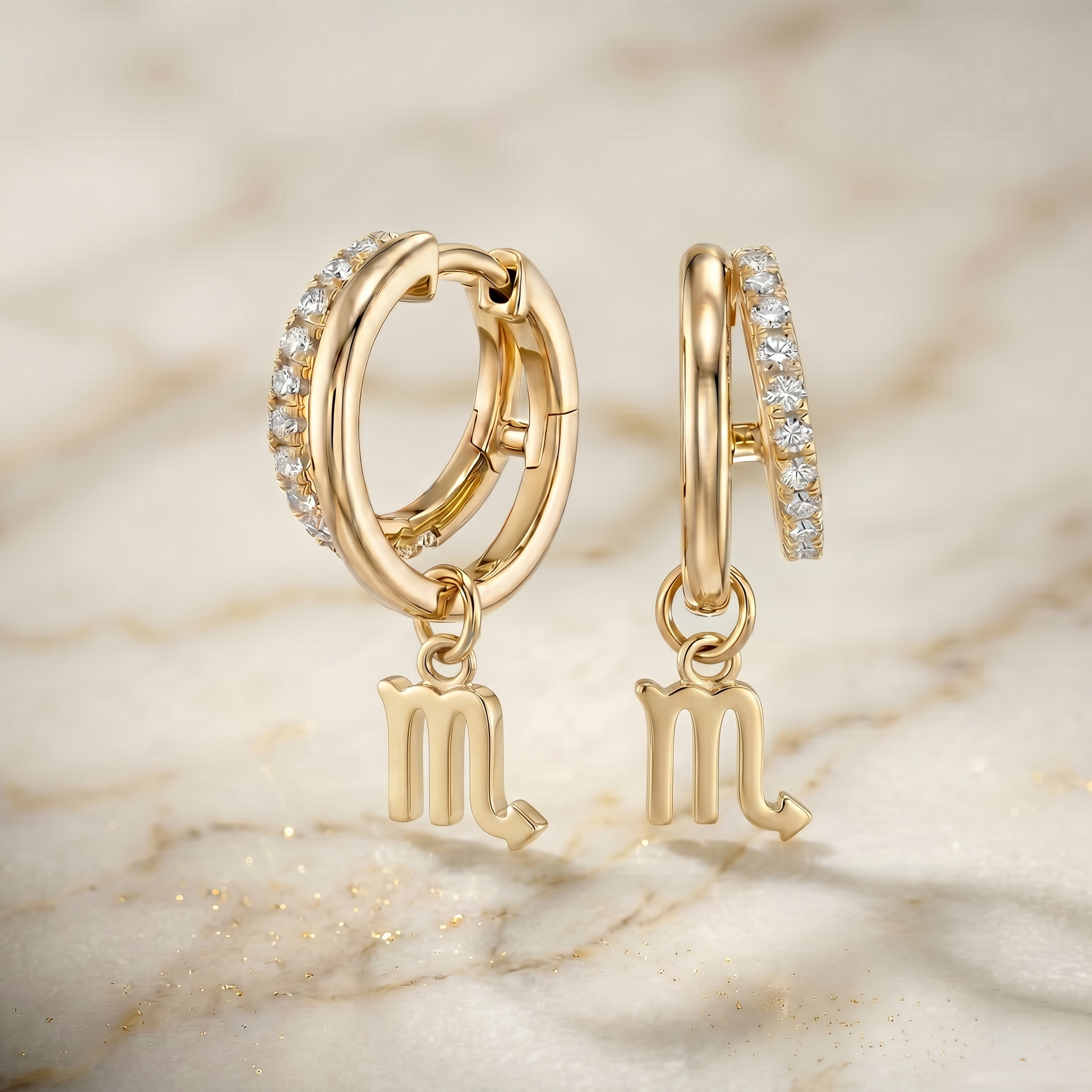 Diamond Finish Moissanite Pavé Hoop Earrings with Scorpio Zodiac Drop (Gold-Plated)