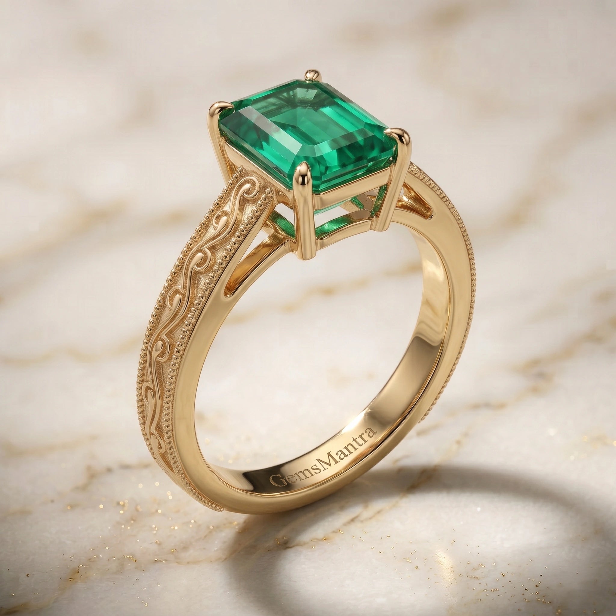Emerald Cut Zambian Emerald Vintage Scroll Solitaire Ring