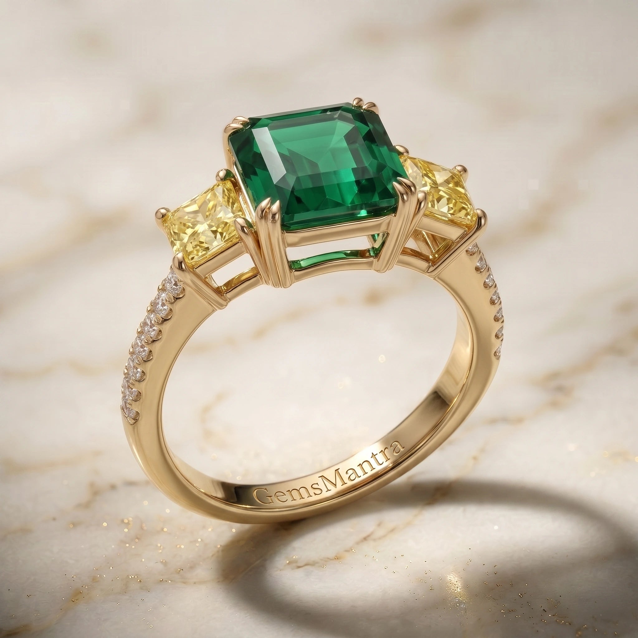 Asscher Cut Emerald Canary Diamond Three Stone Pavé Ring