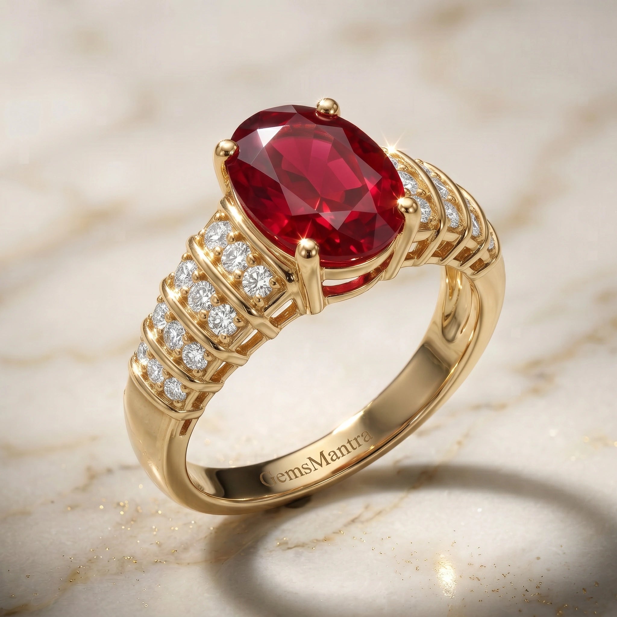 Oval Crimson Ruby Tiered Channel Set Ribbed Band Ring