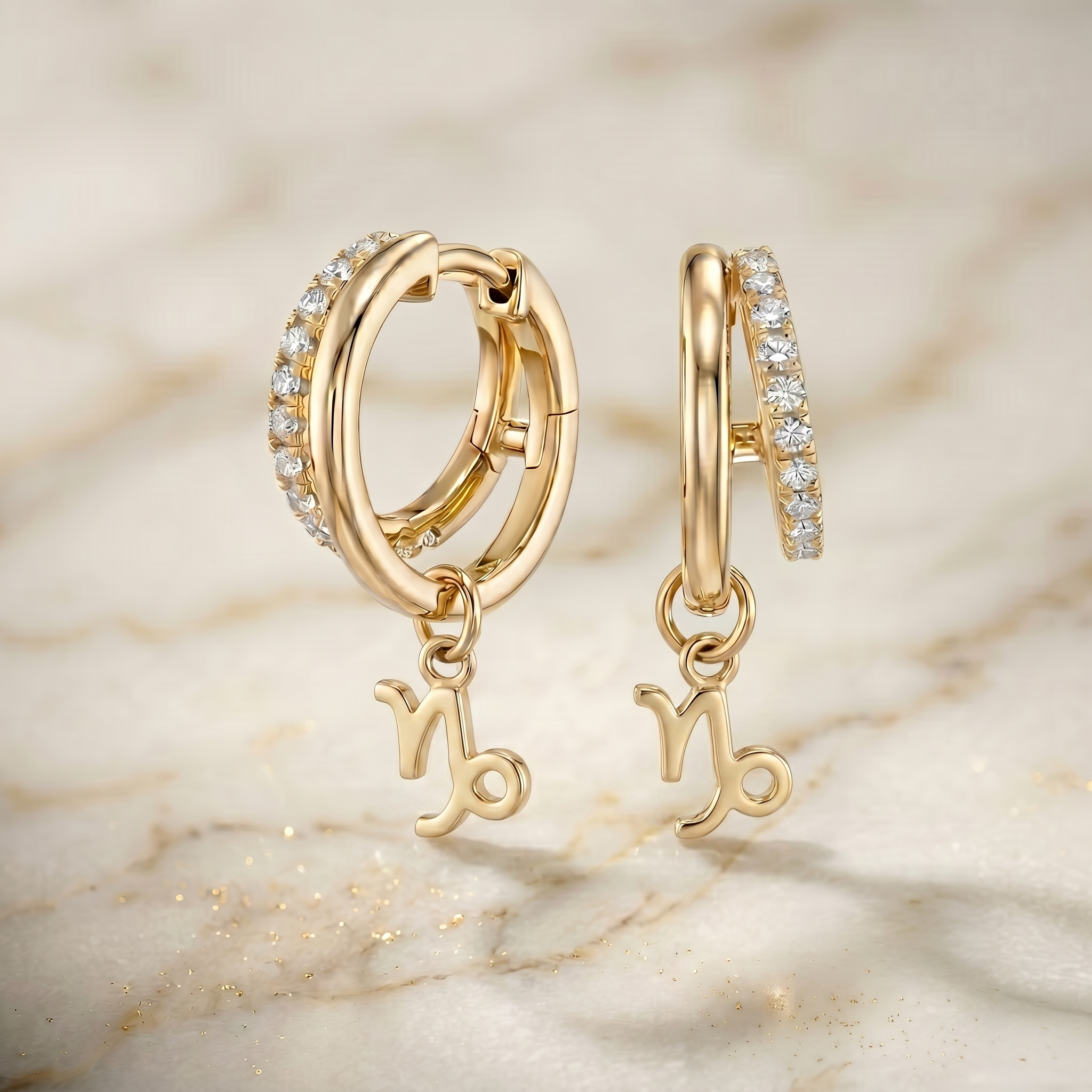 Diamond Finish Moissanite Pavé Hoop Earrings with Capricorn Zodiac Drop (Gold-Plated)