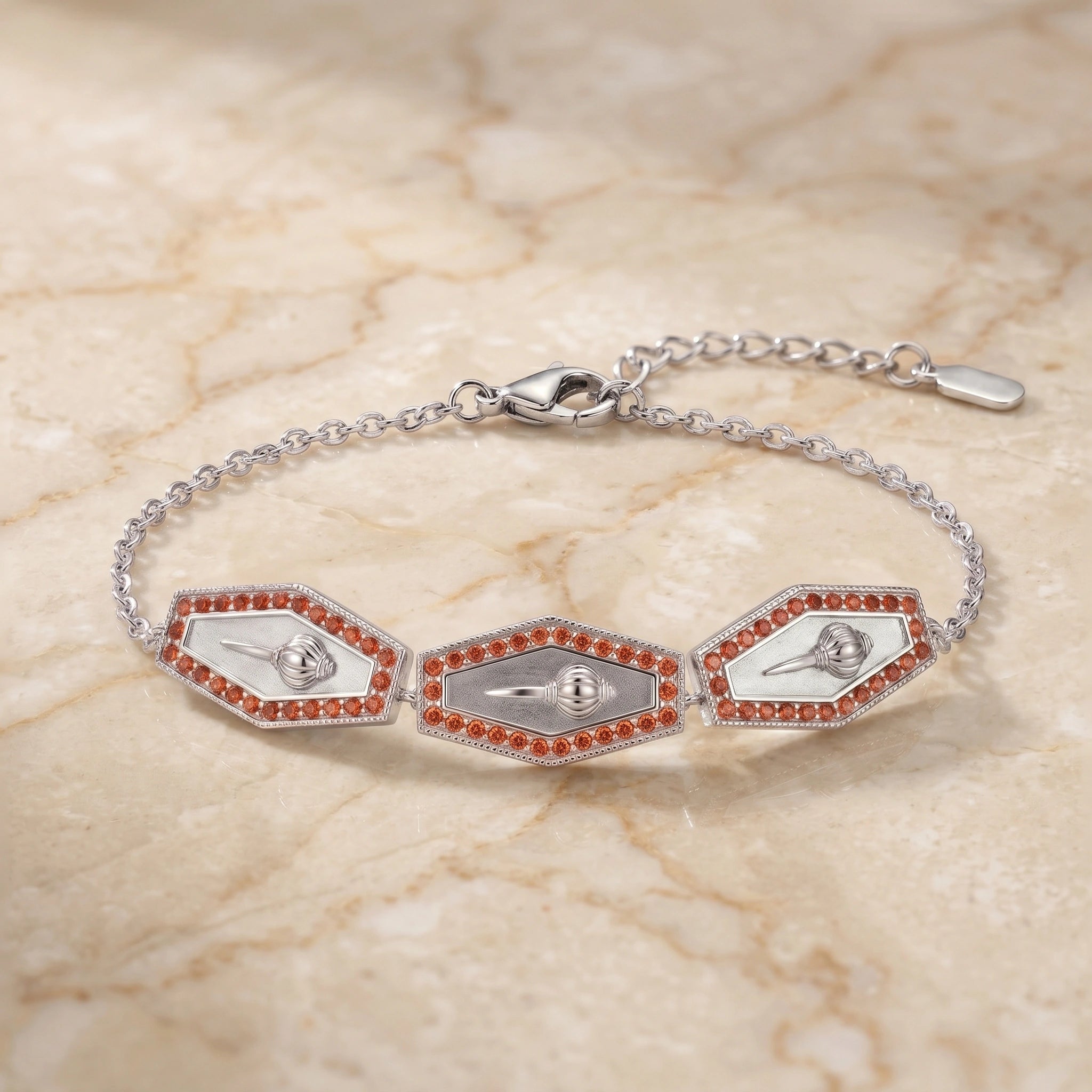 Hanuman's Mace Motif Link Bracelet  with Crystals in 925 Silver