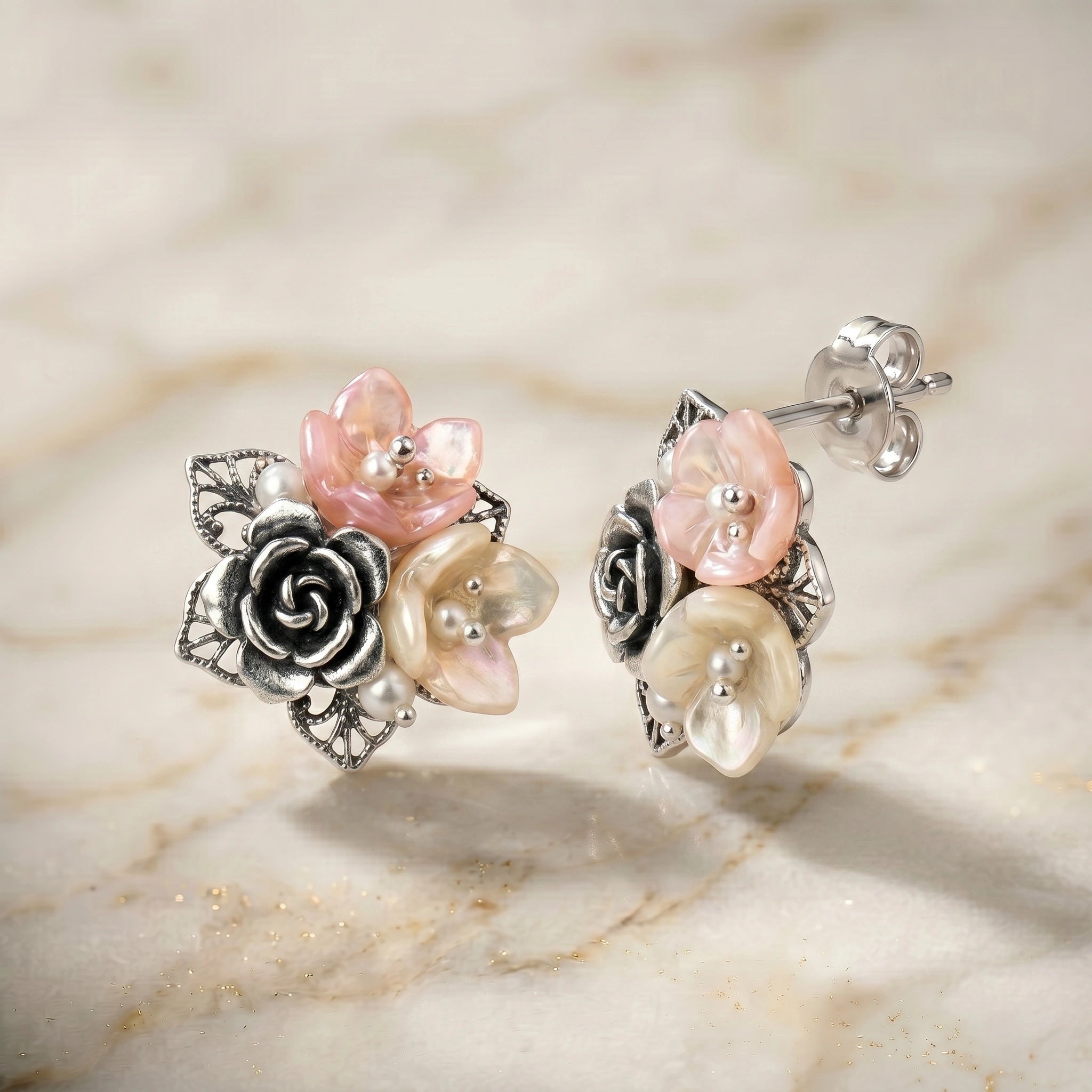 Vintage-Inspired Sculpted Floral and Cultured Pearl Cluster Stud Earrings in 925 Silver