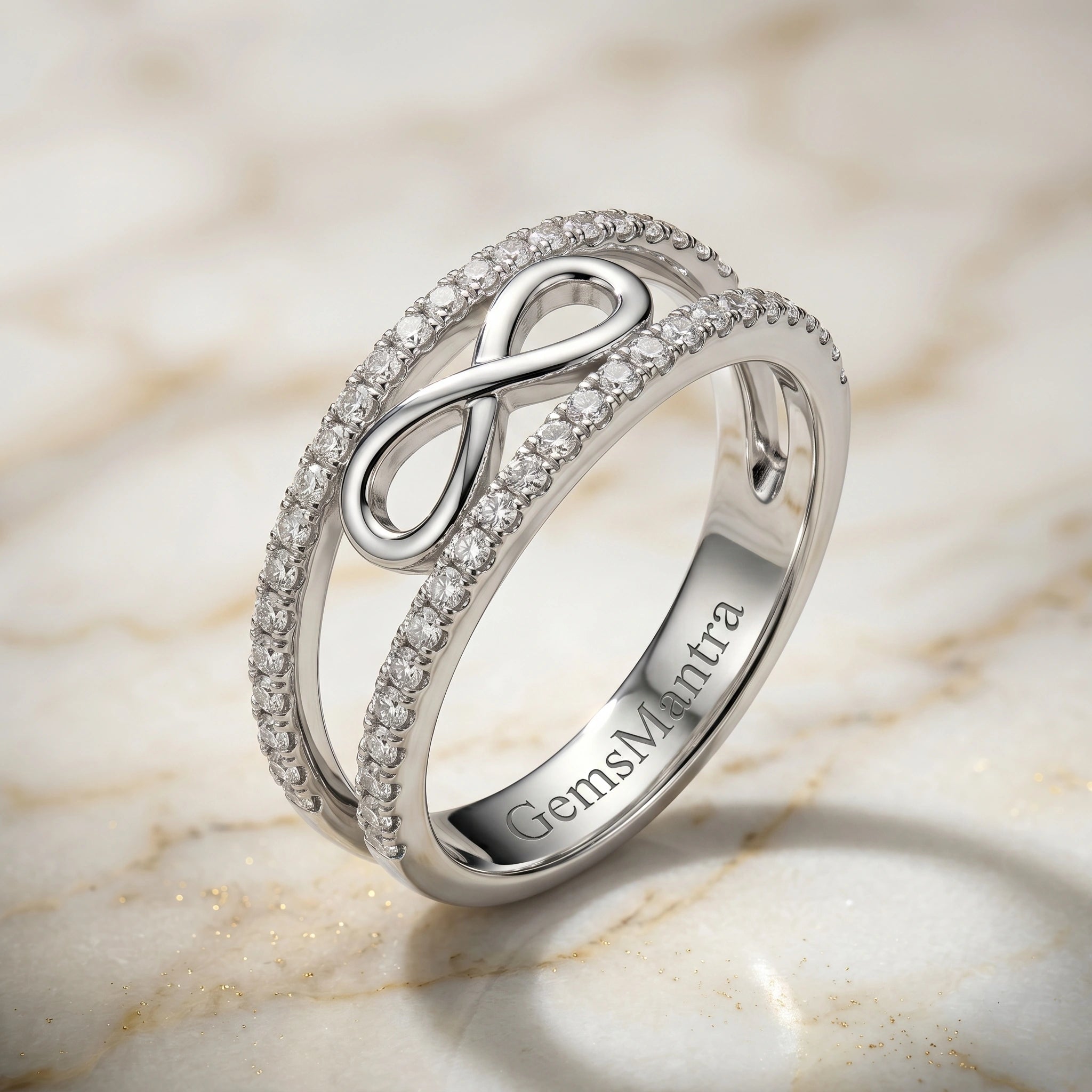 Elegant Infinity Motif Diamond Finish Moissanite Split Shank Ring in 925 Silver