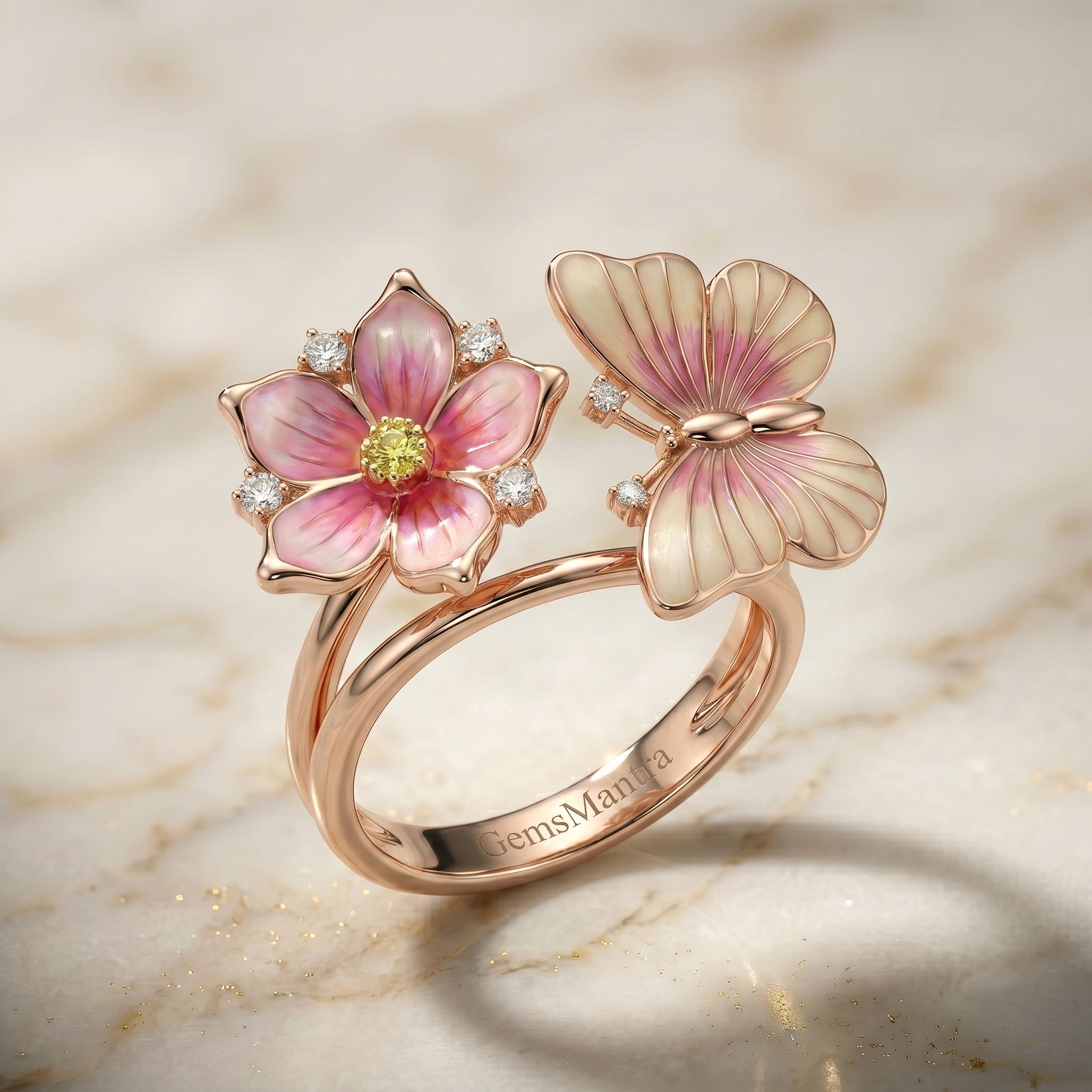 Nature-Inspired Pink Enamel Flower and Butterfly Bypass Ring  with Diamond Finish Moissanite in Rose Gold-Plated