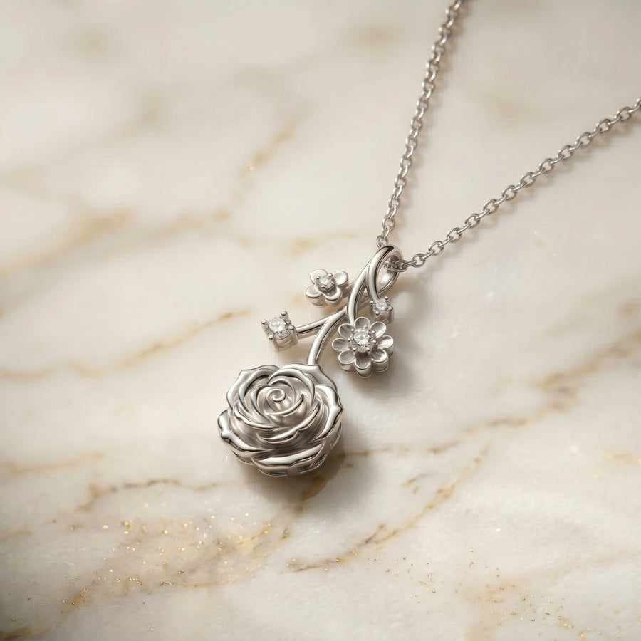 Sculpted Rose Floral Pendant with Diamond Finish Moissanite Accents in 925 Silver