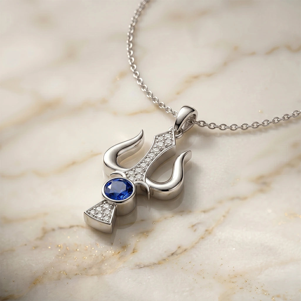 Trident Motif Blue Crystal and Diamond Finish Moissanite Pendant in 925 Silver