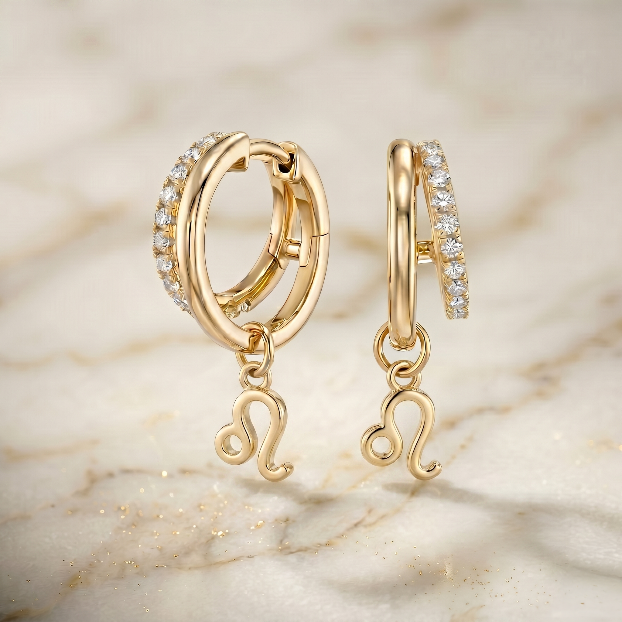 Diamond Finish Moissanite Pavé Hoop Earrings with Leo Zodiac Drop (Gold-Plated)