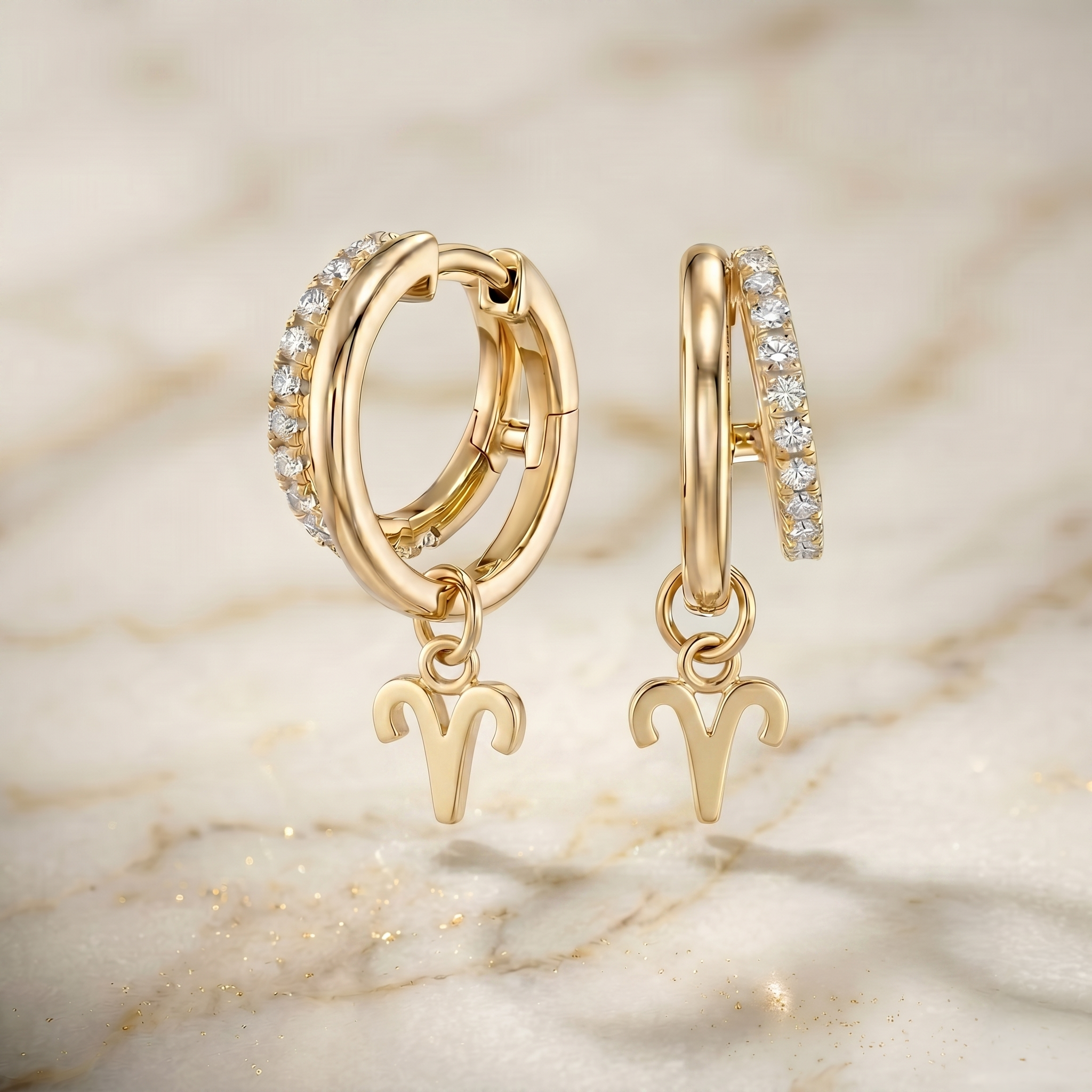 Diamond Finish Moissanite Pavé Hoop Earrings with Aries Zodiac Drop (Gold-Plated)
