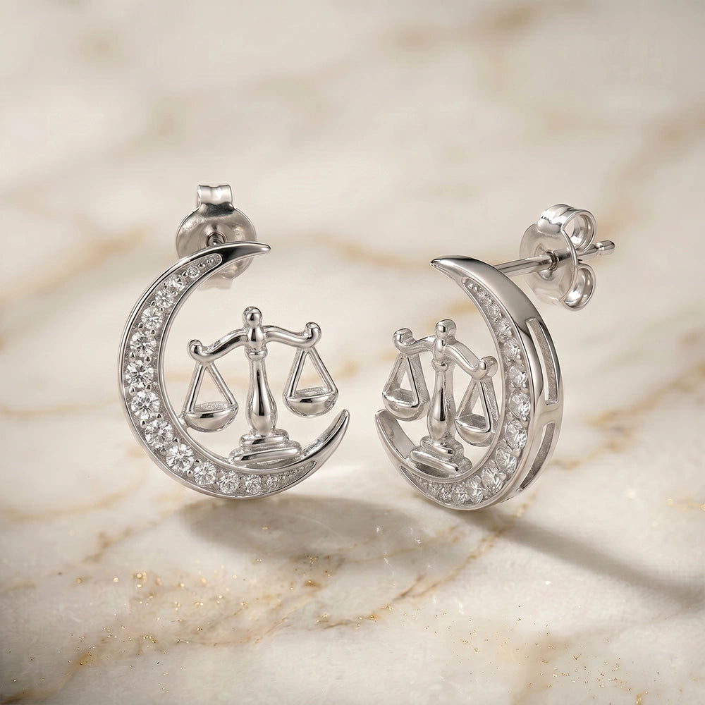 Celestial Crescent Moon and Libra Zodiac Diamond  Finish Moissanite Stud Earrings in 925 Silver