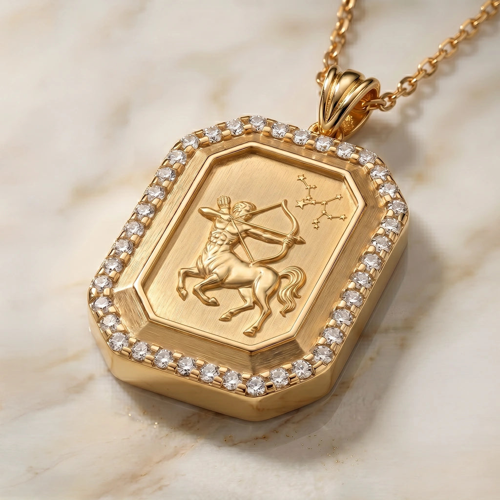 Vintage-Style Sagittarius Zodiac Constellation Diamond Finish  Moissanite Halo Pendant in Gold-Plated