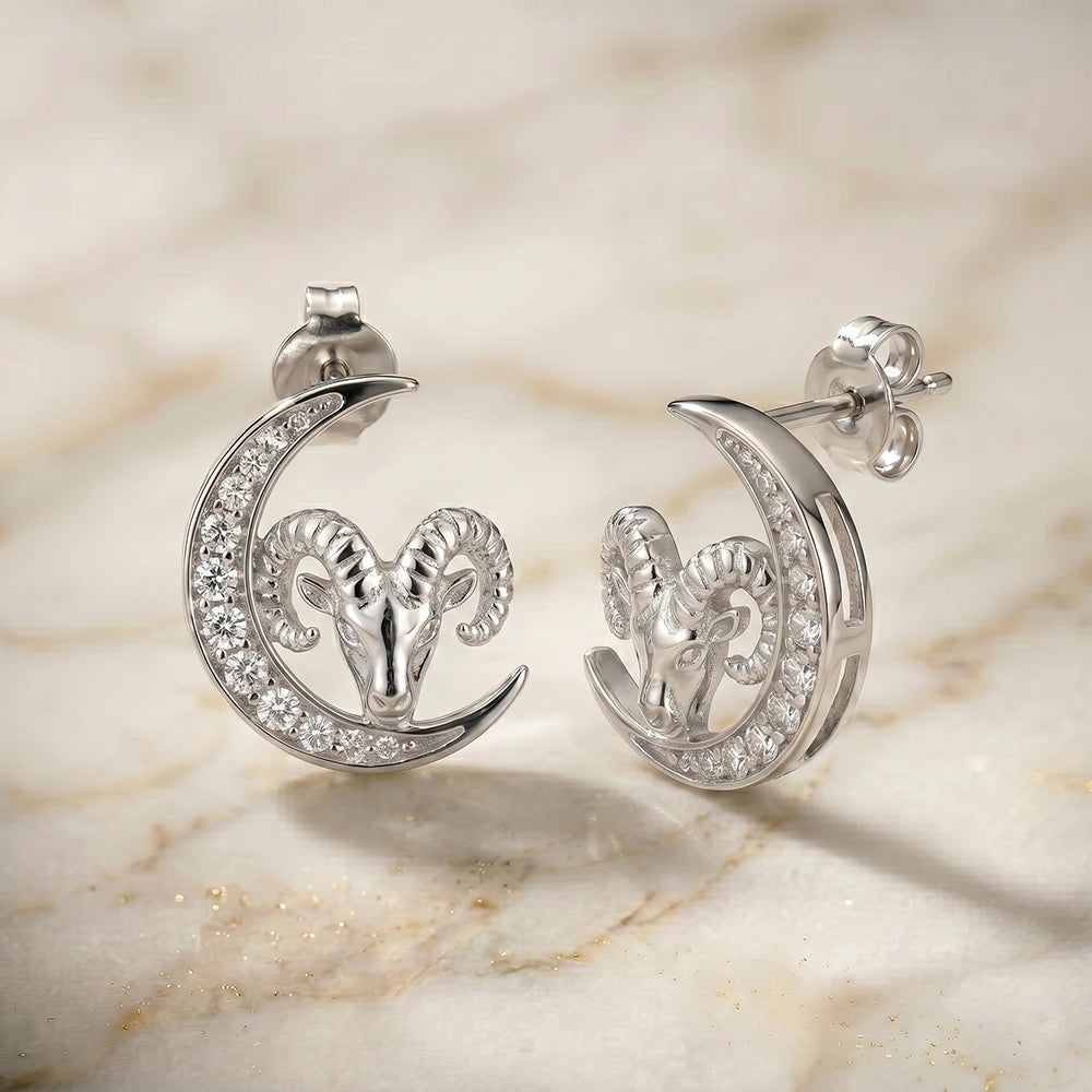 Celestial Crescent Moon and Aries Zodiac Diamond  Finish Moissanite Stud Earrings in 925 Silver