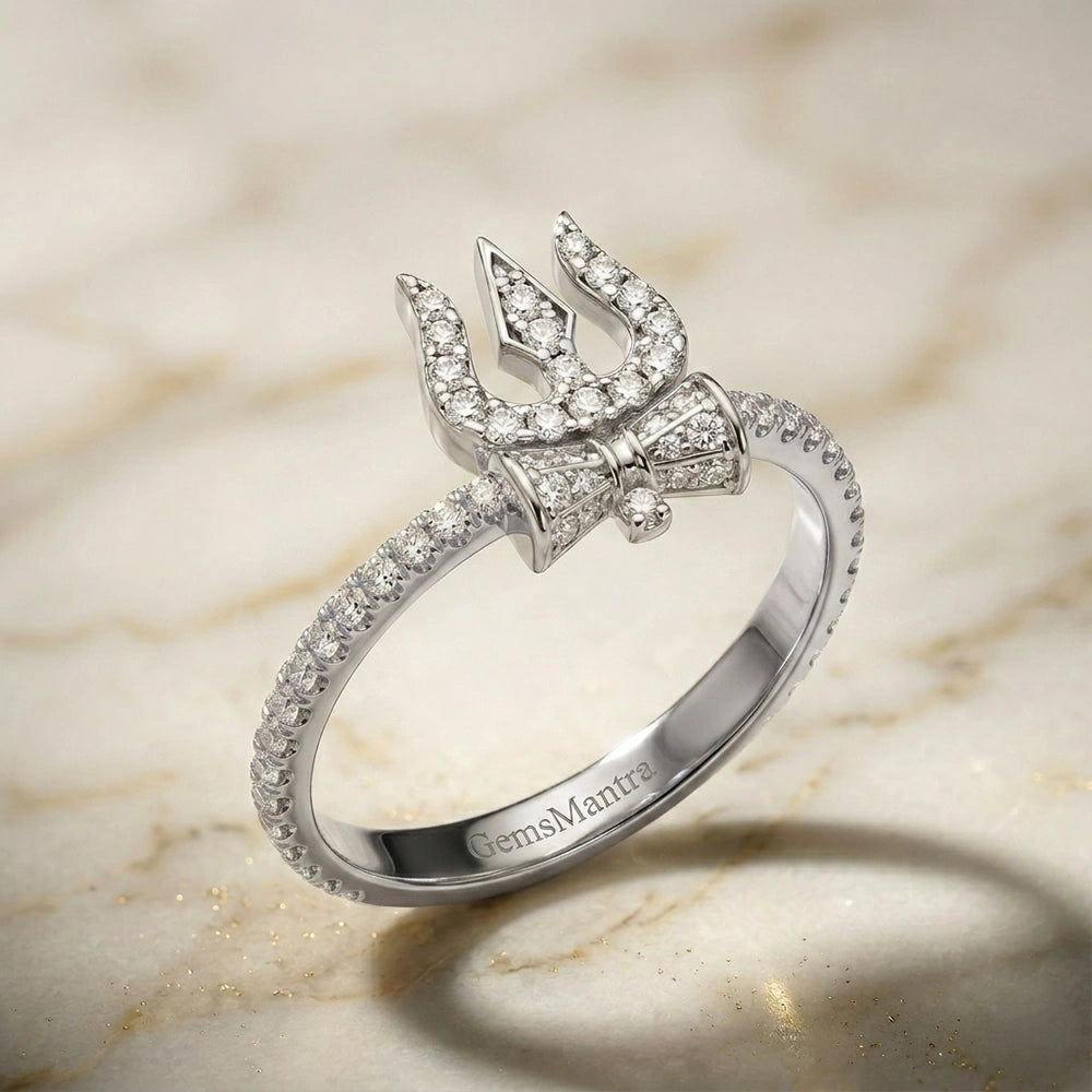 Spiritual Trident and Damaru Motif Diamond  Finish Moissanite Ring in 925 Silver