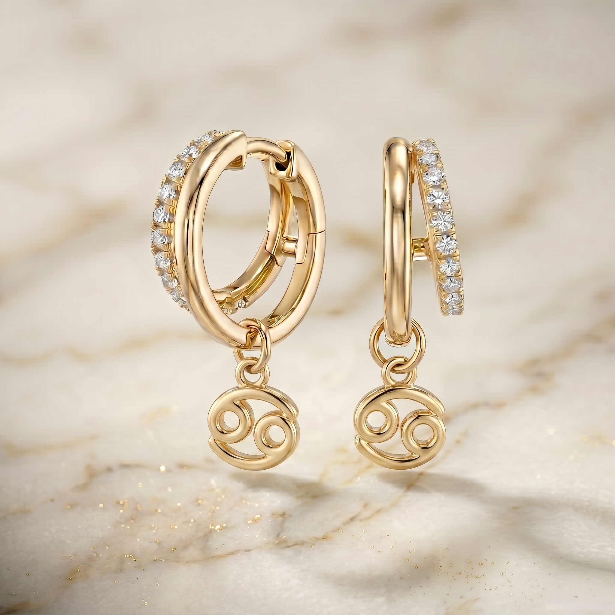 Diamond Finish Moissanite Pavé Hoop Earrings with Cancer Zodiac Drop (Gold-Plated)