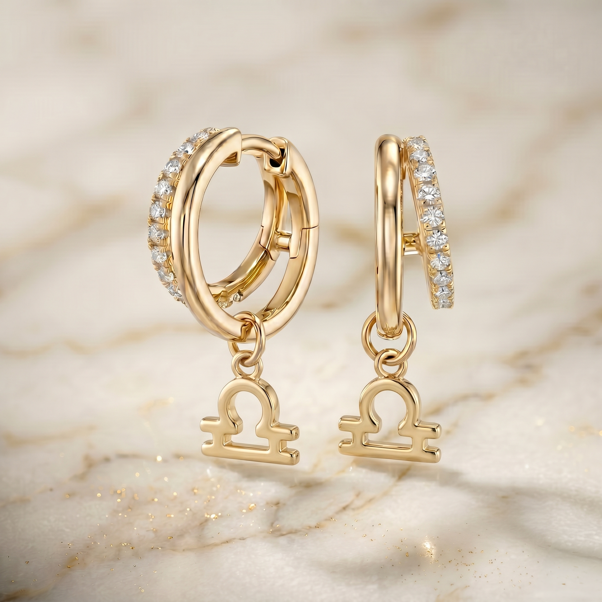 Diamond Finish Moissanite Pavé Hoop Earrings with Libra Zodiac Drop (Gold-Plated)