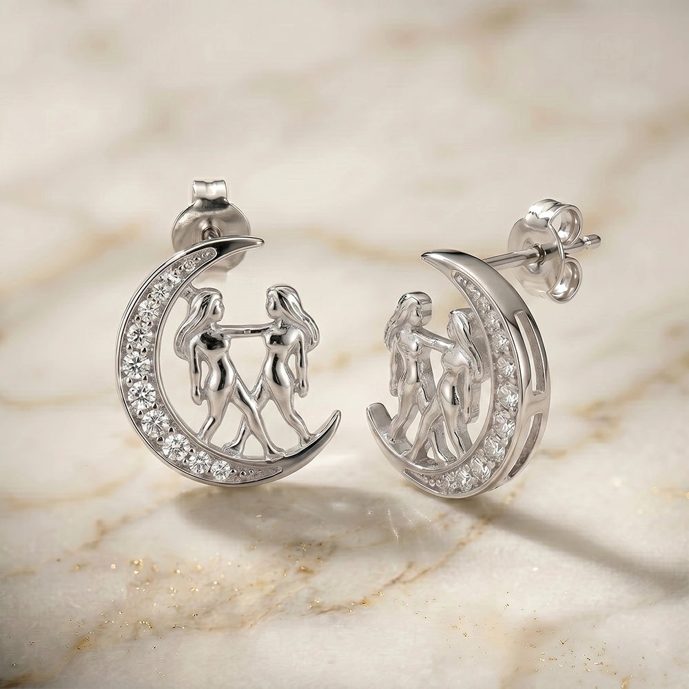Celestial Crescent Moon and Gemini Zodiac Diamond  Finish Moissanite Stud Earrings in 925 Silver