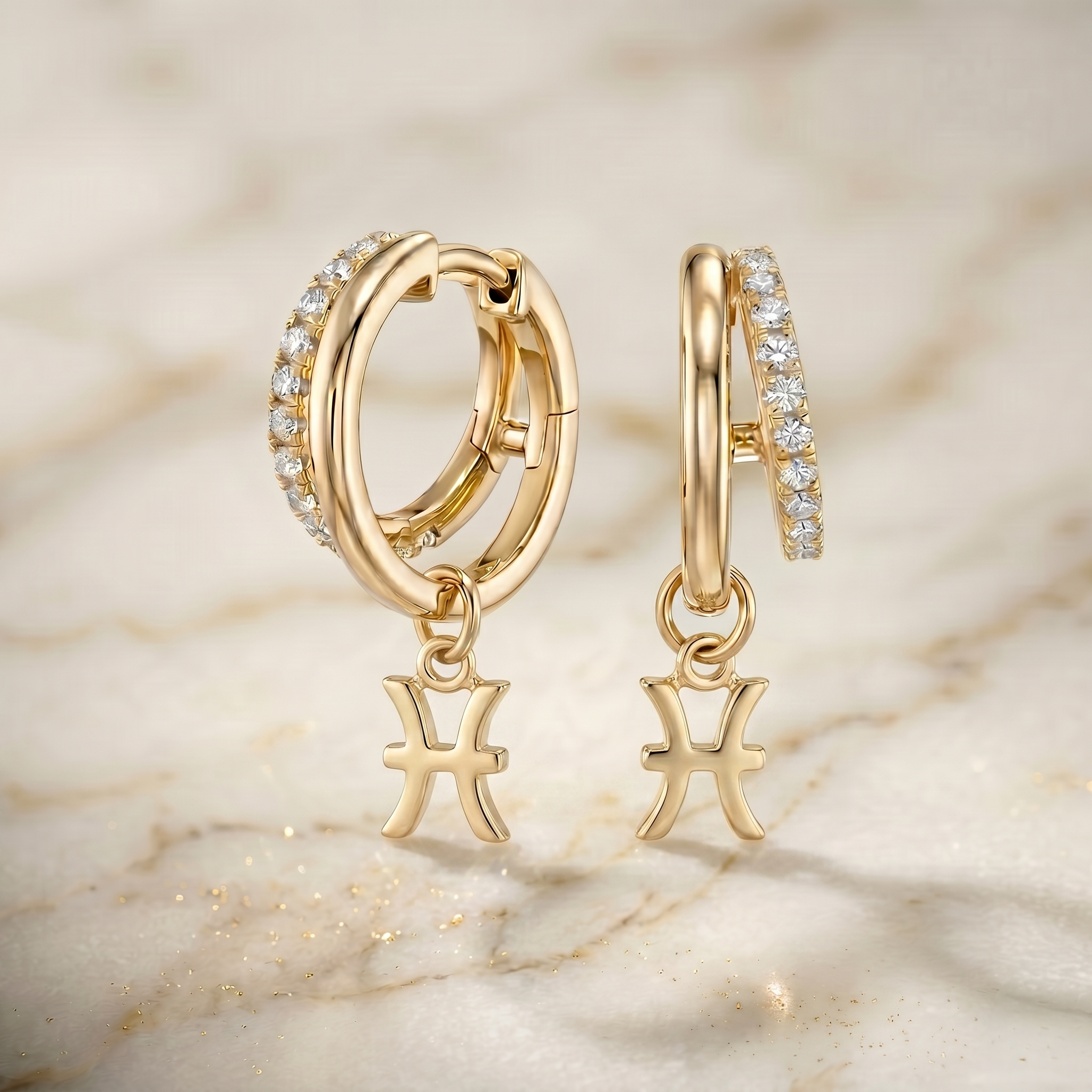 Diamond Finish Moissanite Pavé Hoop Earrings with Pisces Zodiac Drop (Gold-Plated)