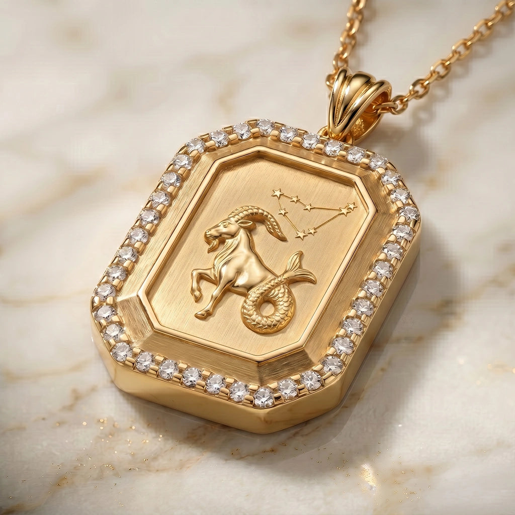 Vintage-Style Capricorn Zodiac Constellation Diamond Finish Moissanite Halo Pendant in Gold-Plated