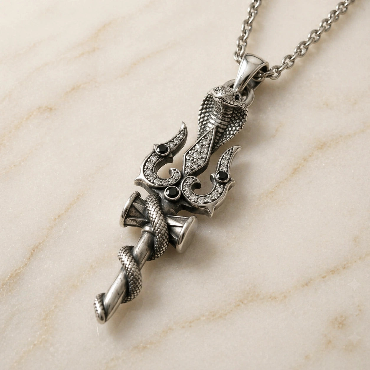 Spiritual Trident and Cobra Serpent Motif Pendant with  Black Diamond Finish Moissanite in 925 Silver