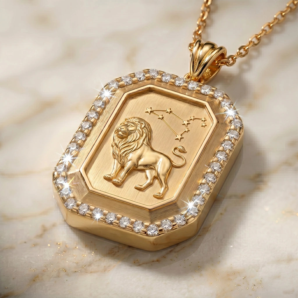 Vintage-Style Leo Zodiac Constellation Diamond Finish  Moissanite Halo Pendant in Gold-Plated