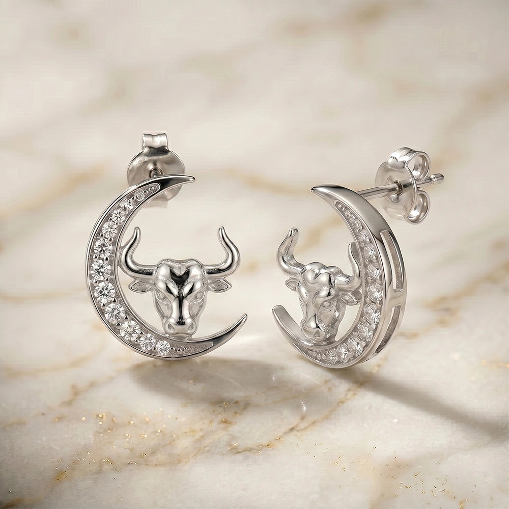 Celestial Crescent Moon and Taurus Zodiac Diamond  Finish Moissanite Stud Earrings in 925 Silver