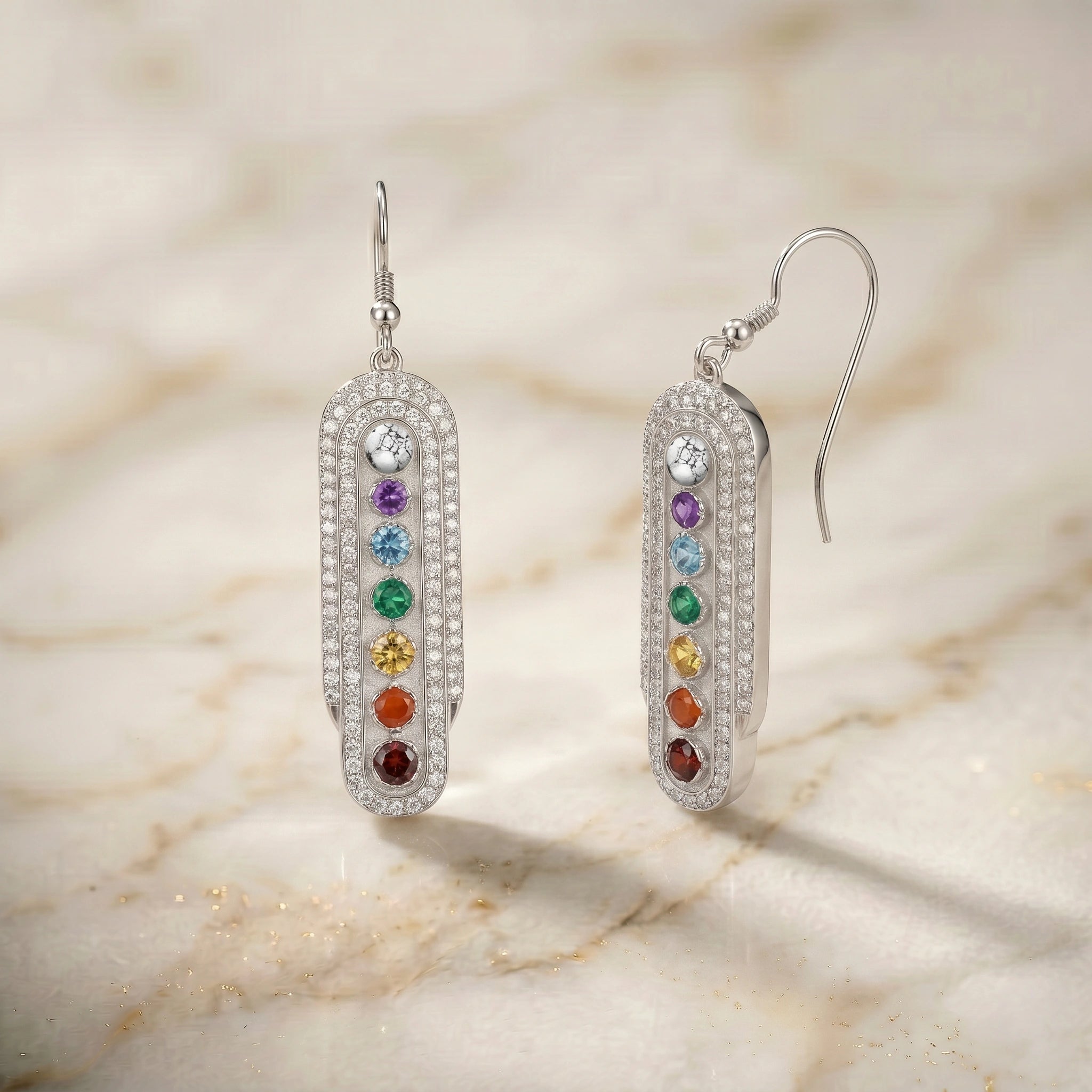 Navratna Drop Silver Earrings