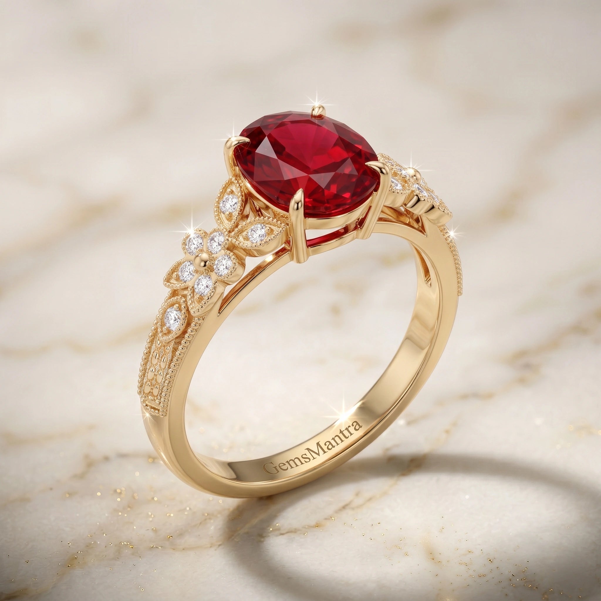 Oval Crimson Ruby Enchanted Blossom Botanical Ring