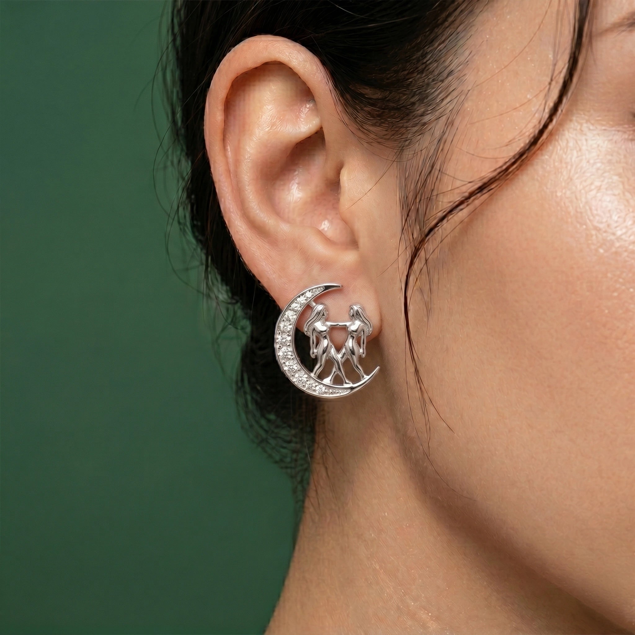 Celestial Crescent Moon and Gemini Zodiac Diamond  Finish Moissanite Stud Earrings in 925 Silver