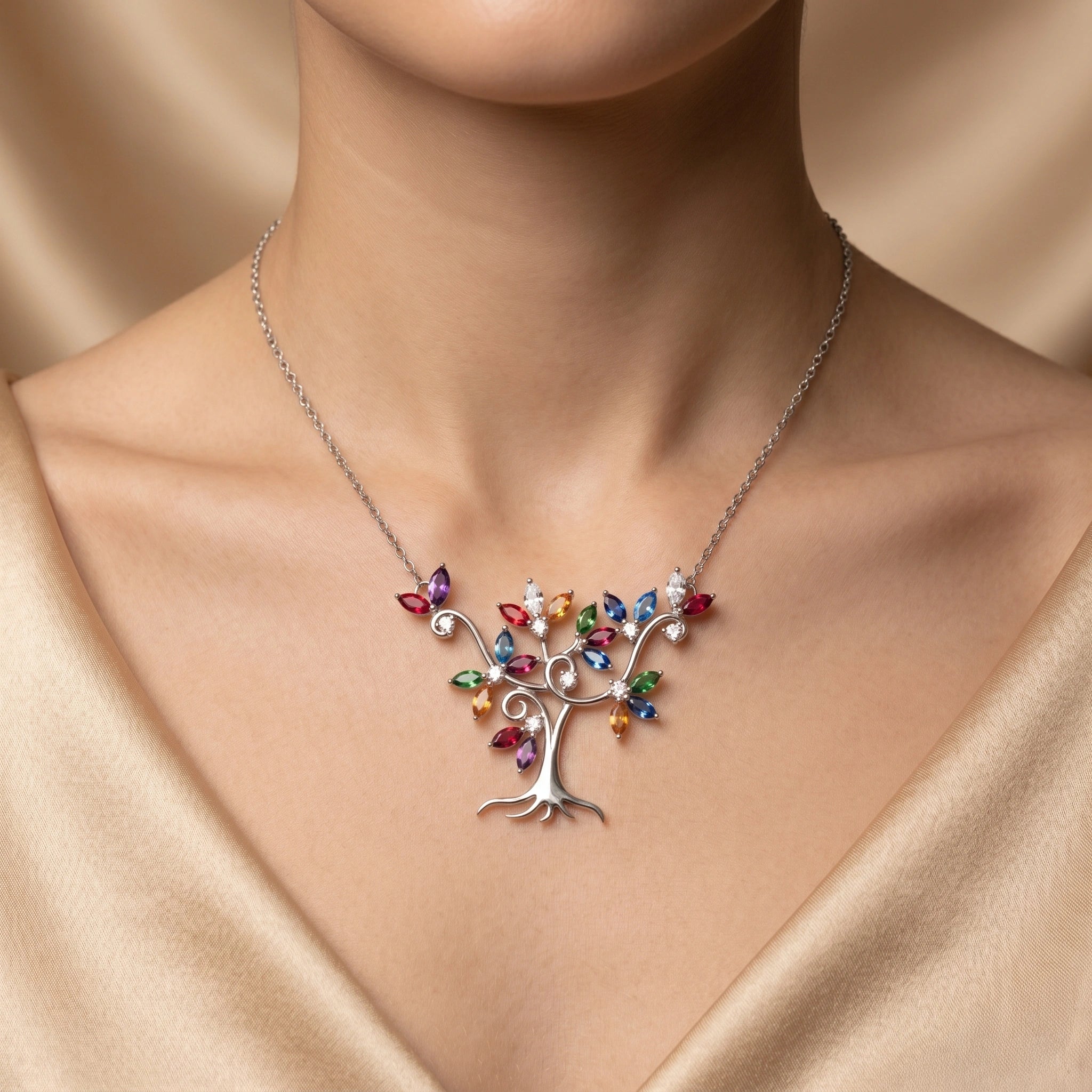 Tree of Life Multi-Color Crystal Pendant  Necklace in 925 Silver