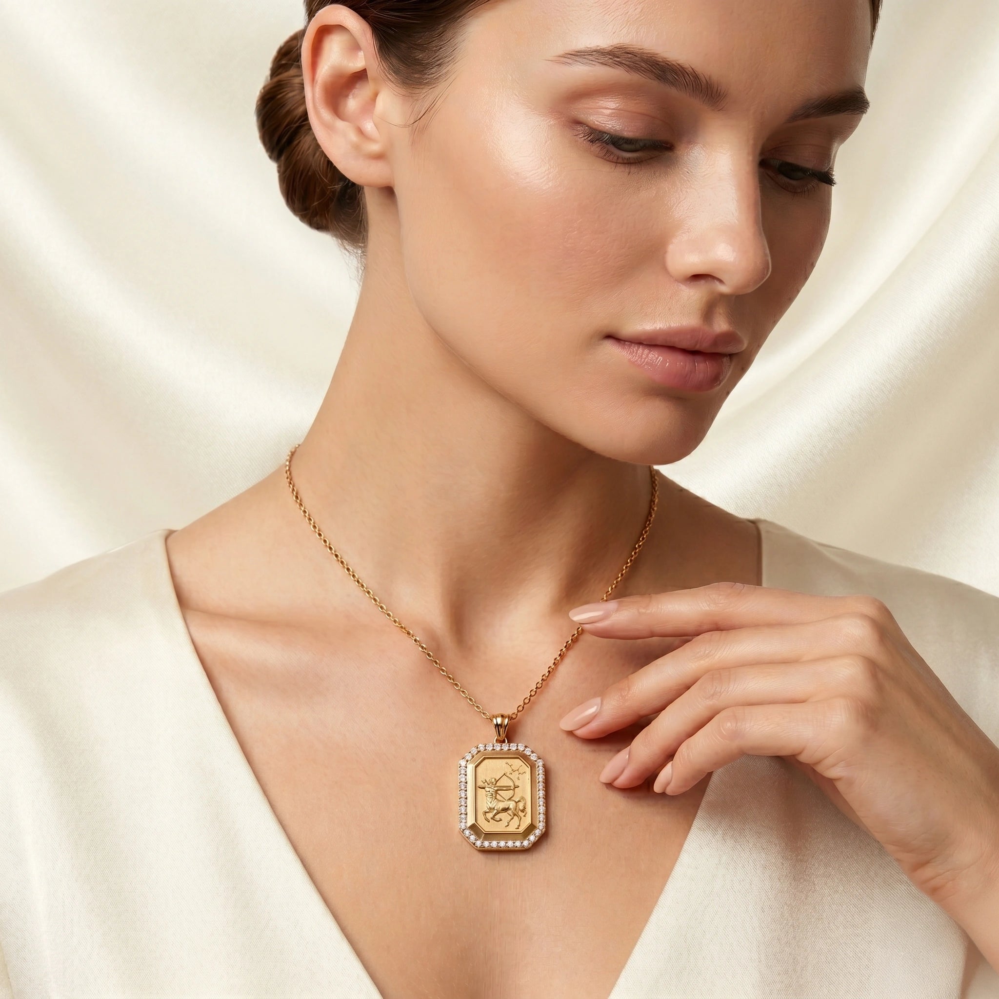 Vintage-Style Sagittarius Zodiac Constellation Diamond Finish  Moissanite Halo Pendant in Gold-Plated