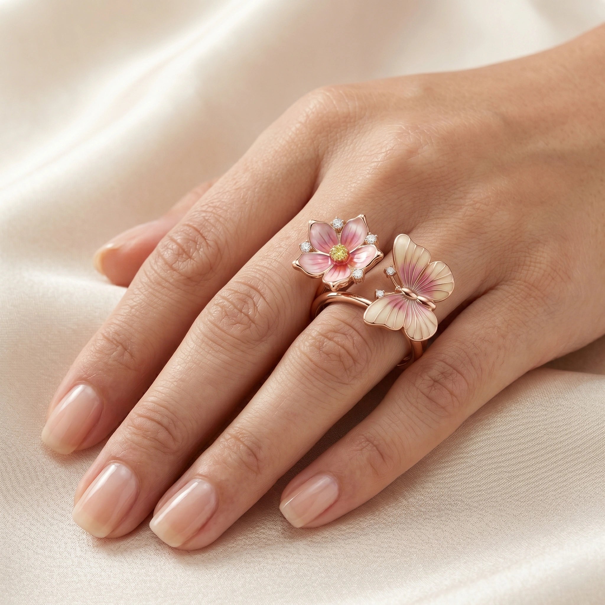 Nature-Inspired Pink Enamel Flower and Butterfly Bypass Ring  with Diamond Finish Moissanite in Rose Gold-Plated