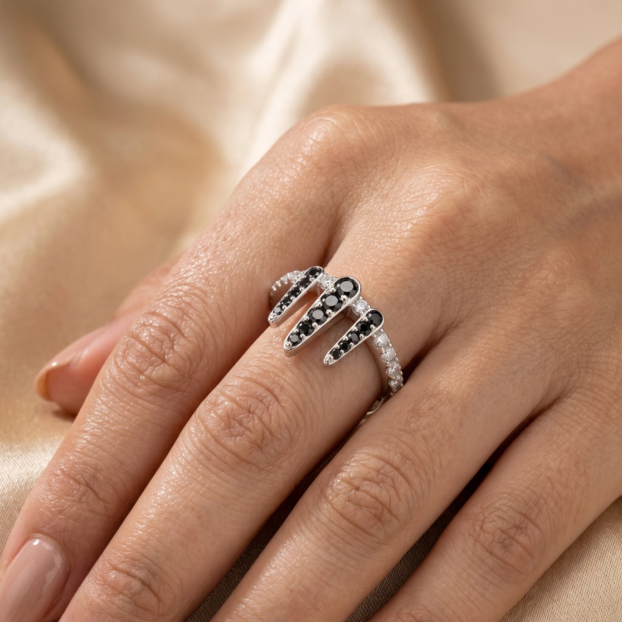 Edgy Shiv's Trident Motif Crystal and White Diamond  Finish Moissanite Ring in 925 Silver