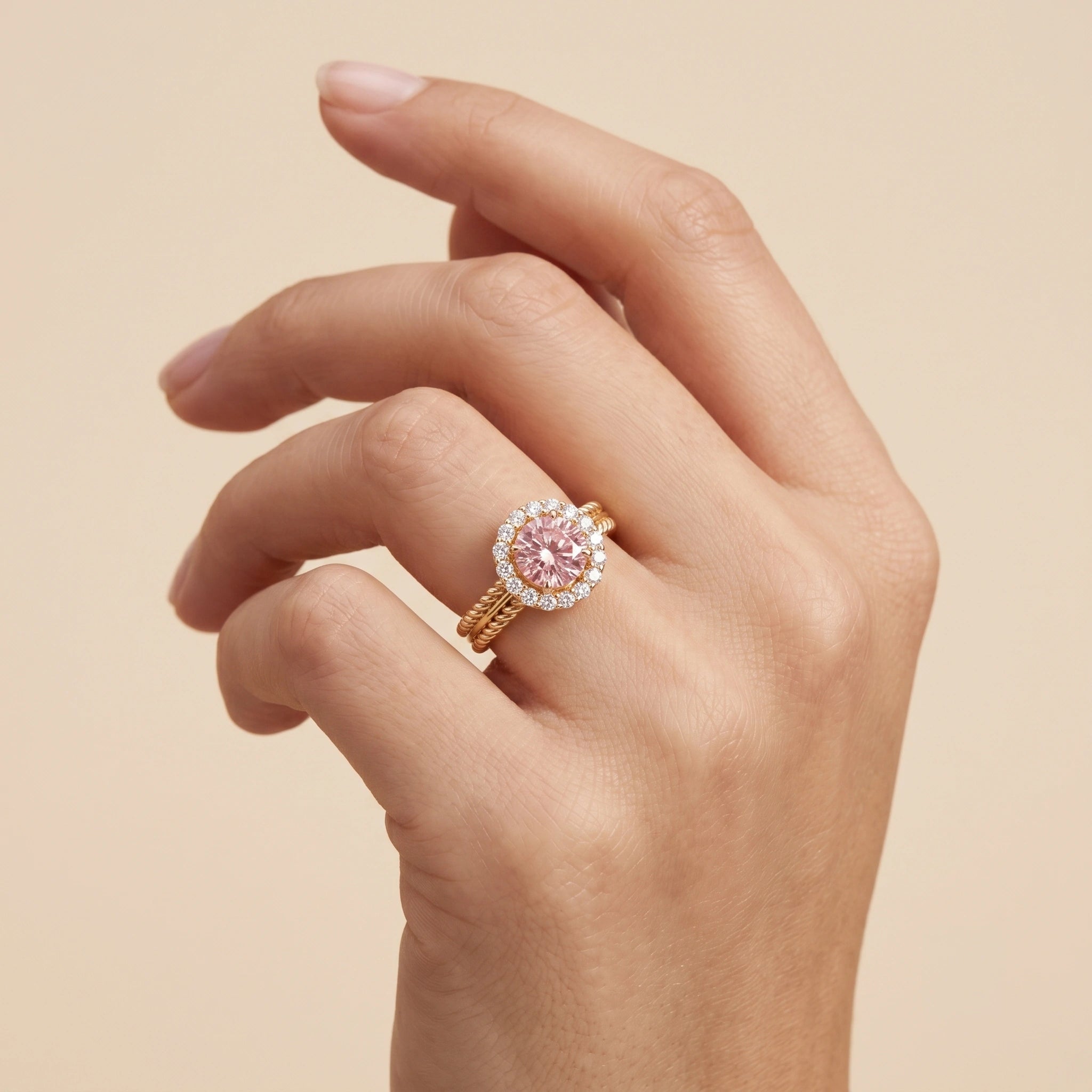 Round Blush Pink Diamond Rope Band Halo Engagement Ring