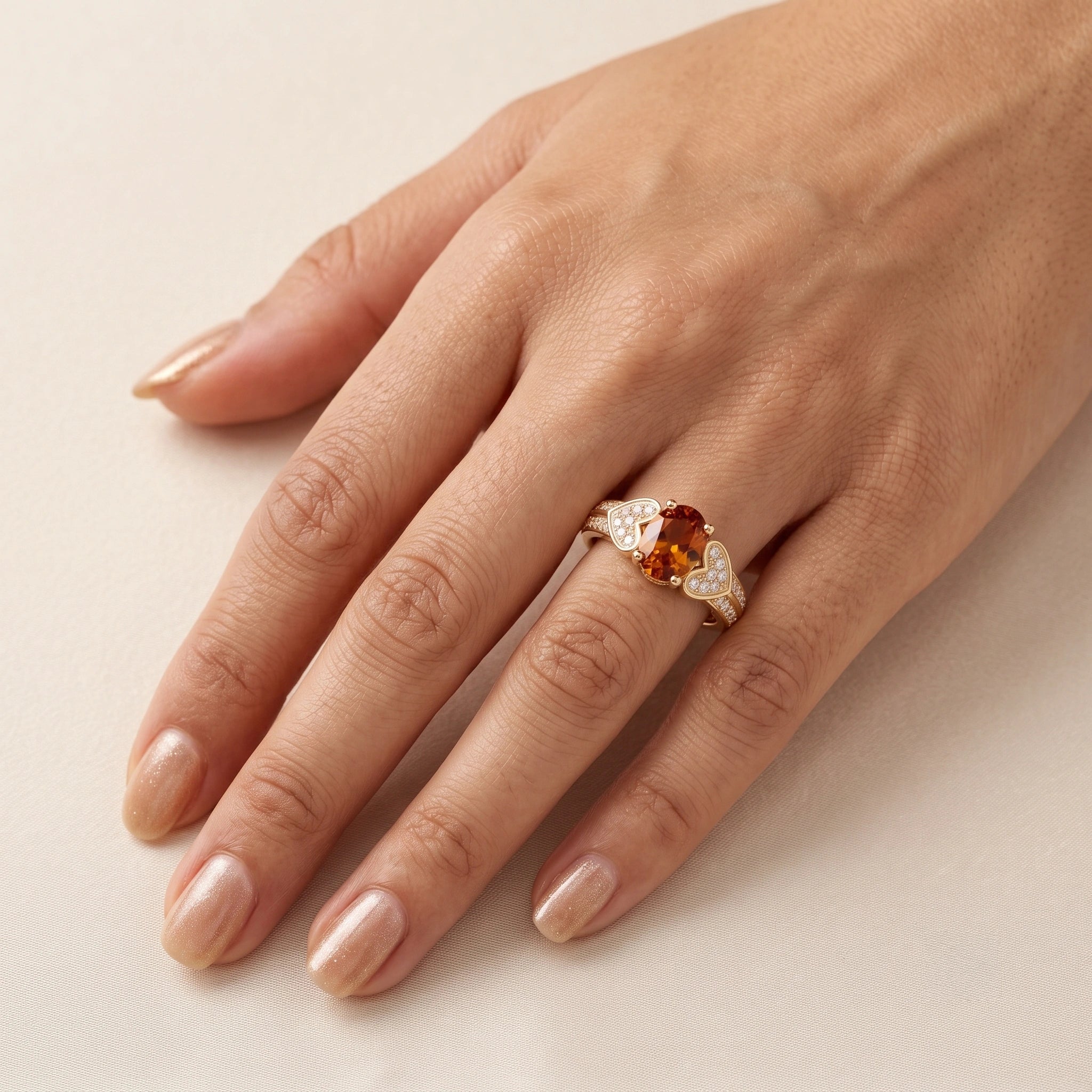 Oval Citrine Sweetheart Accent Tapered Pavé Ring