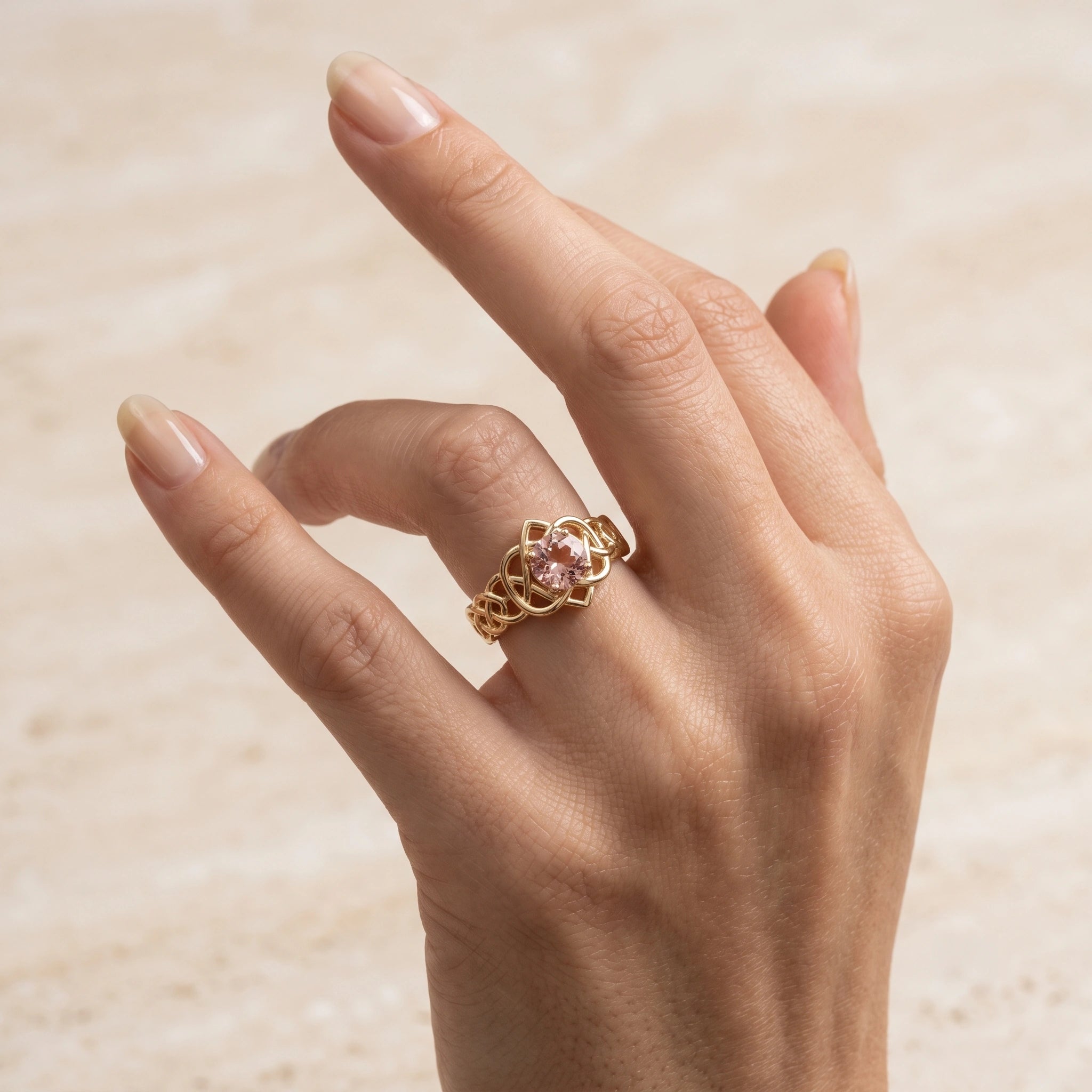 Round Peach Morganite Celtic Knot Openwork Tiara Ring