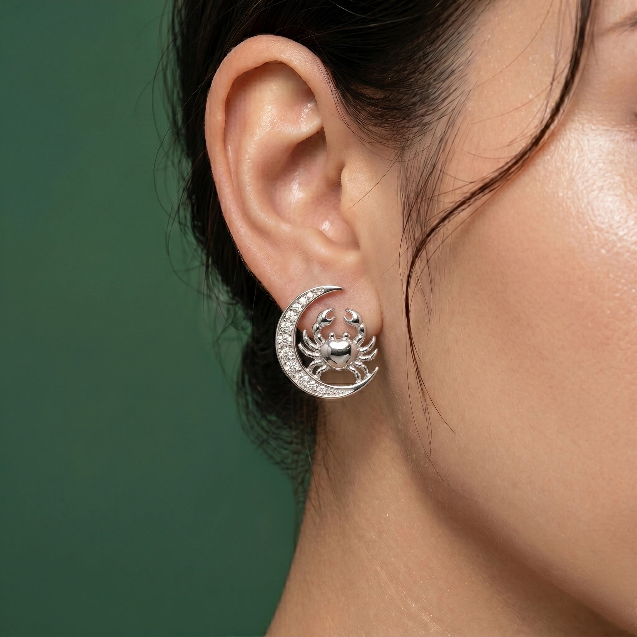 Celestial Crescent Moon and Cancer Zodiac Diamond  Finish Moissanite Stud Earrings in 925 Silver
