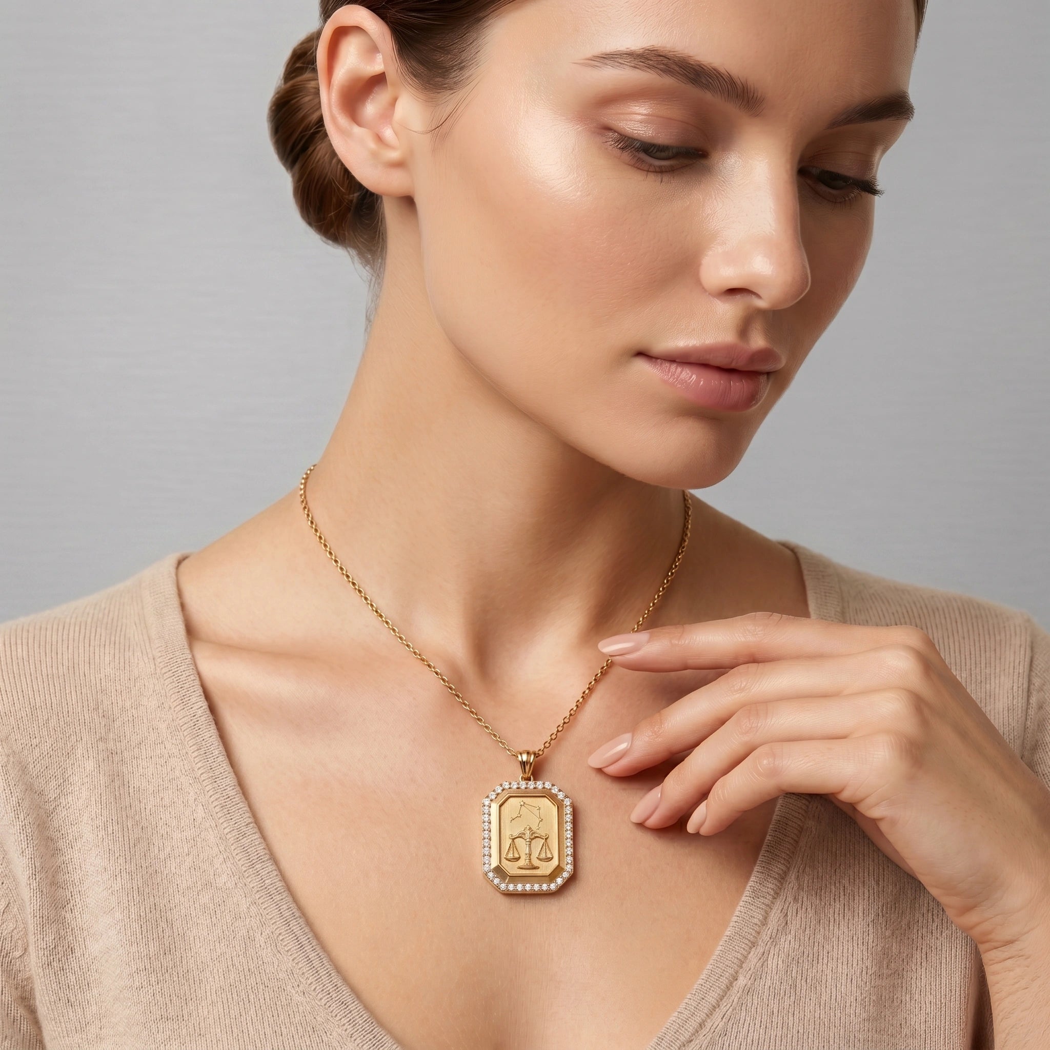 Vintage-Style Libra Zodiac Constellation Diamond Finish  Moissanite Halo Pendant in Gold-Plated
