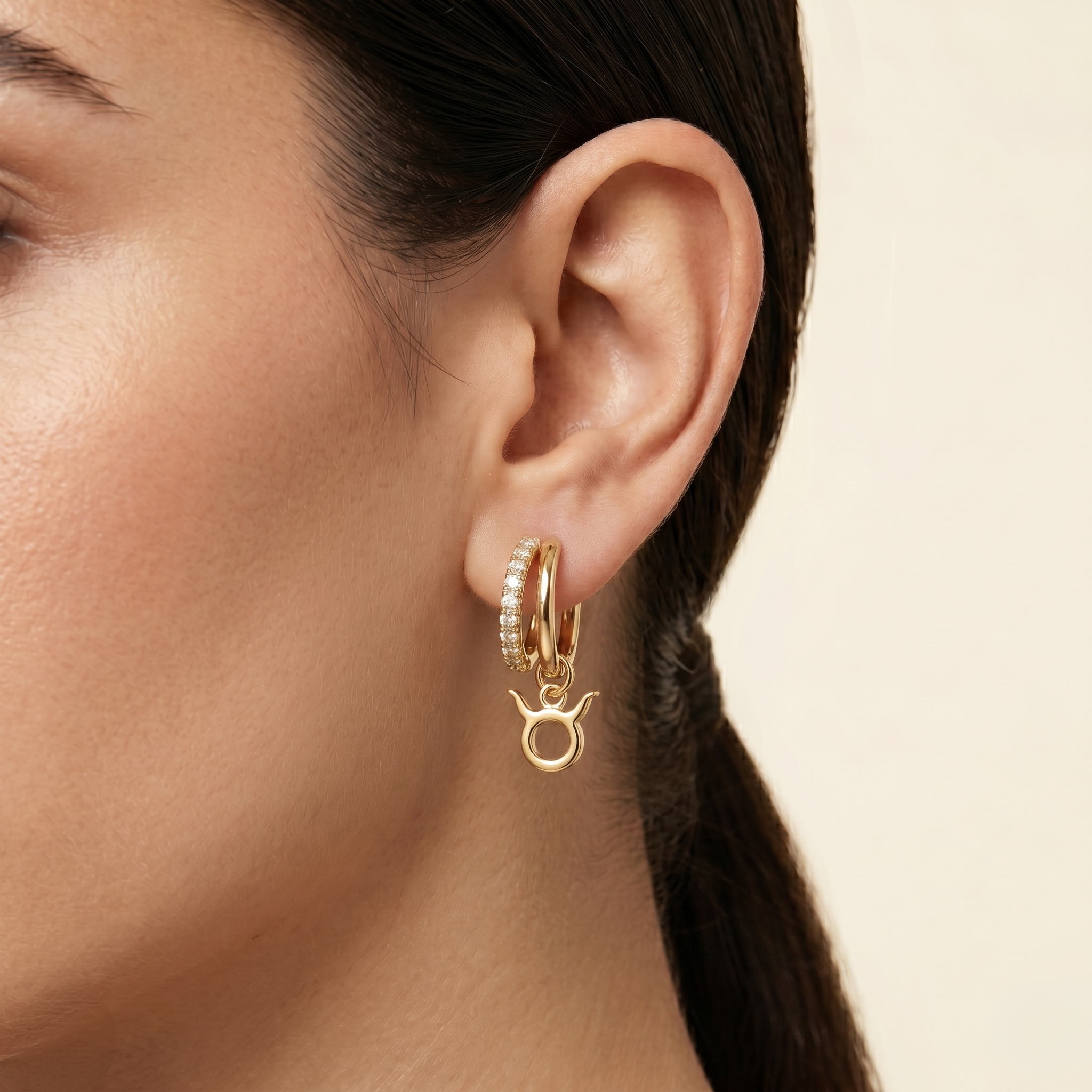 Diamond Finish Moissanite Pavé Hoop Earrings with Taurus Zodiac Drop (Gold-Plated)