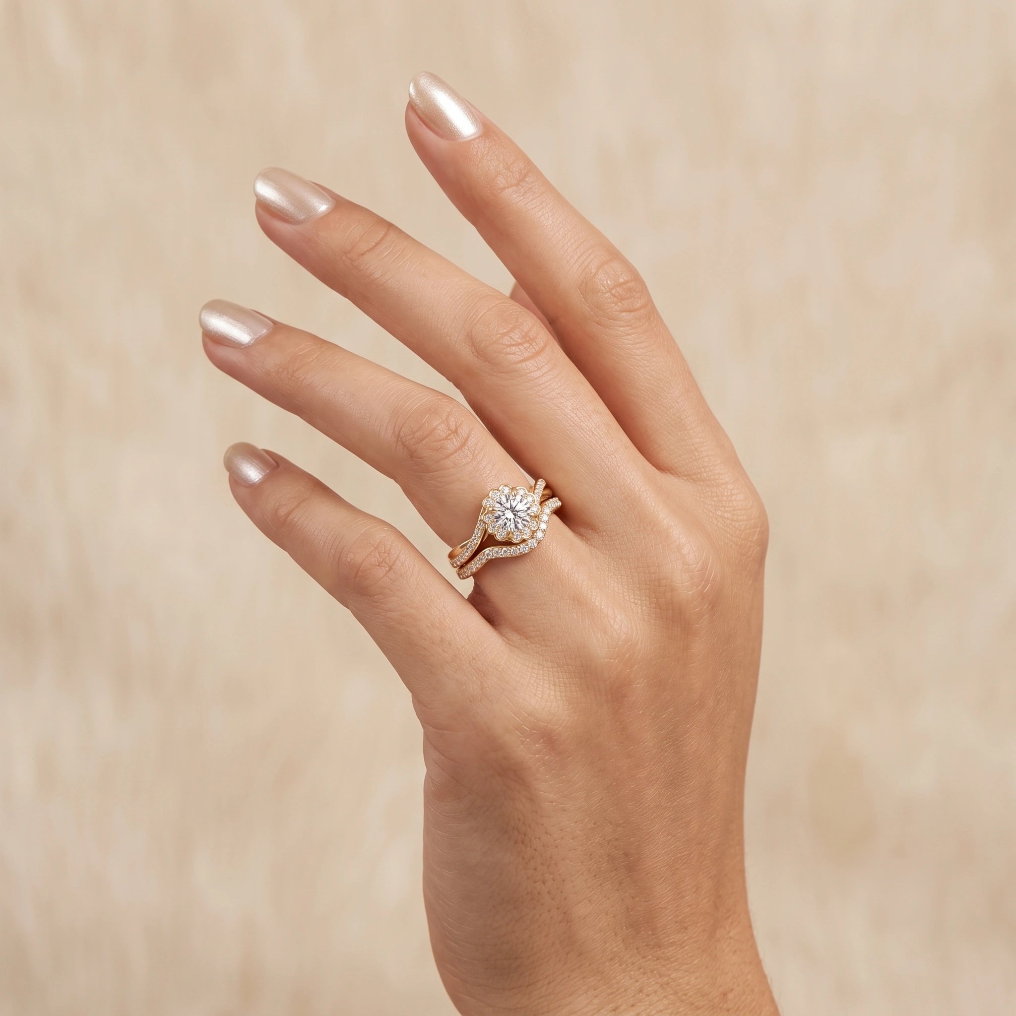 Round Celestial Floral Diamond Scalloped Halo Bridal Ring Set