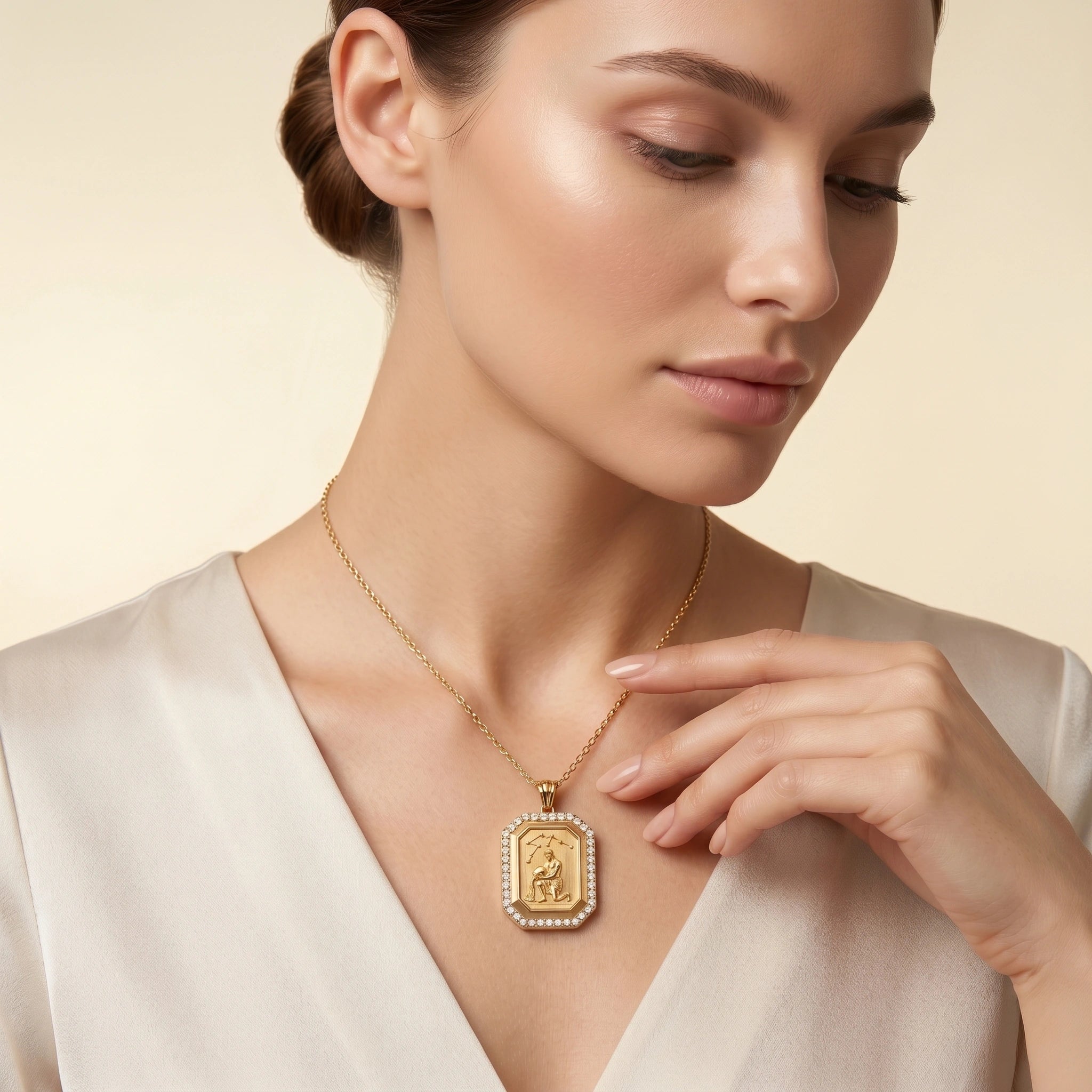 Vintage-Style Aquarius Zodiac Constellation Diamond Finish  Moissanite Halo Pendant in Gold-Plated