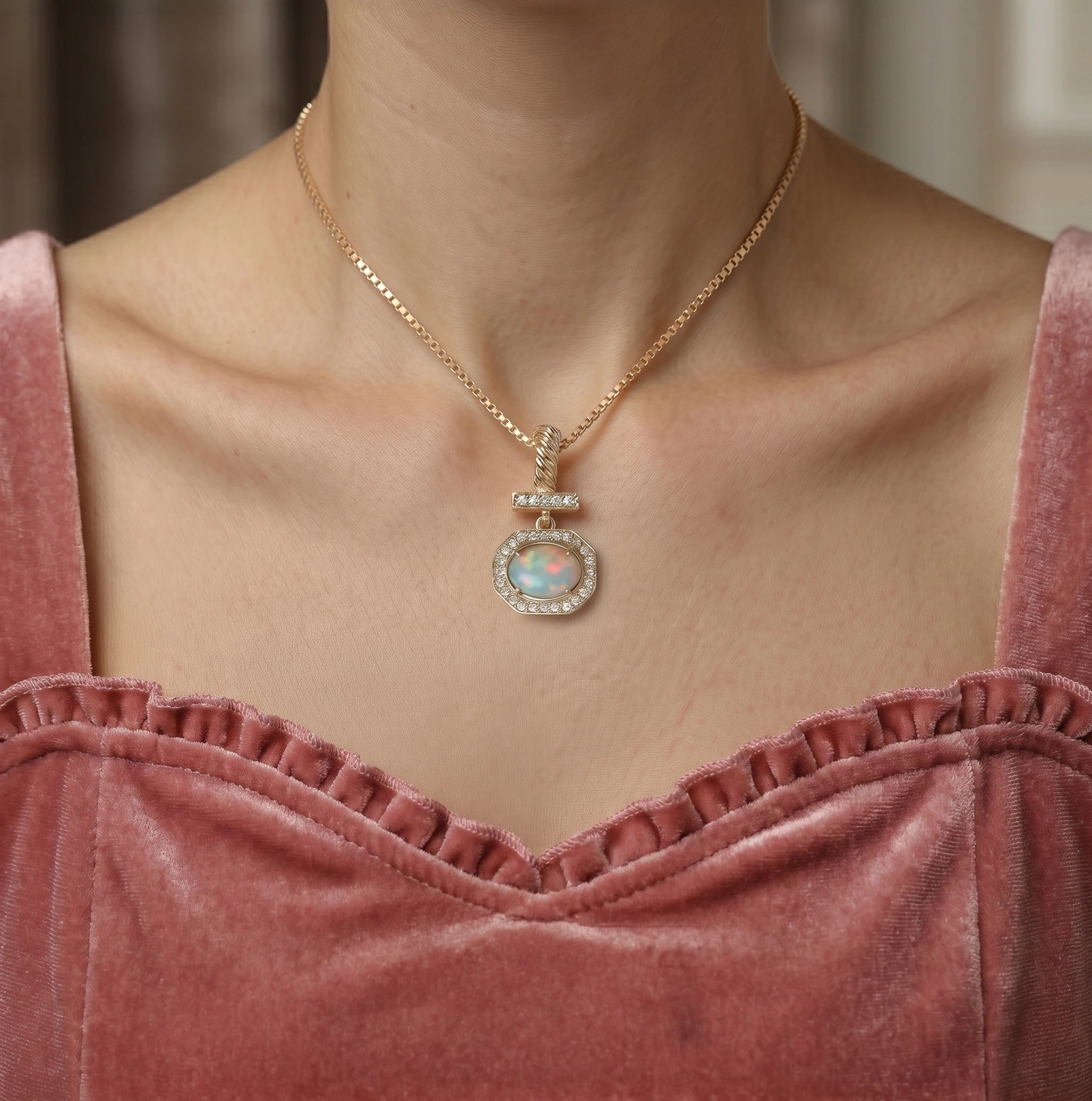 Bezel-Set Cushion Opal Pendant with Diamond Bar and Twisted Bail