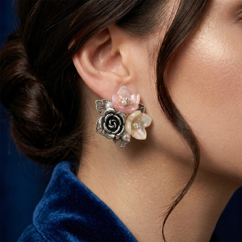 Vintage-Inspired Sculpted Floral and Cultured Pearl Cluster Stud Earrings in 925 Silver