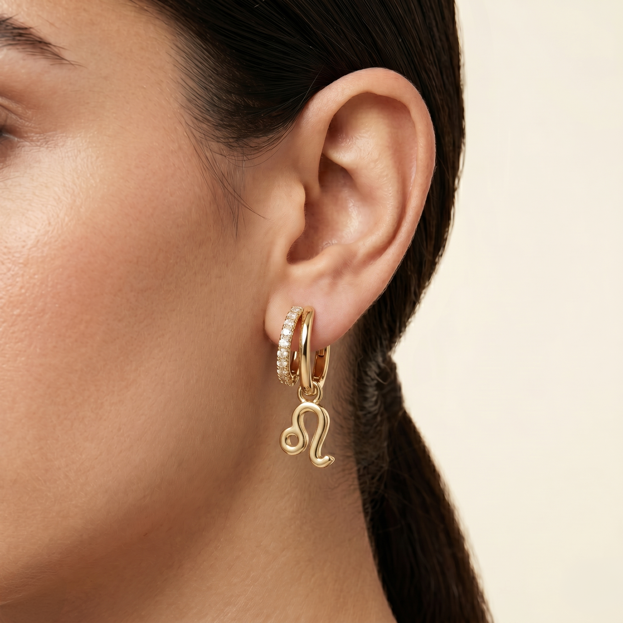Diamond Finish Moissanite Pavé Hoop Earrings with Leo Zodiac Drop (Gold-Plated)