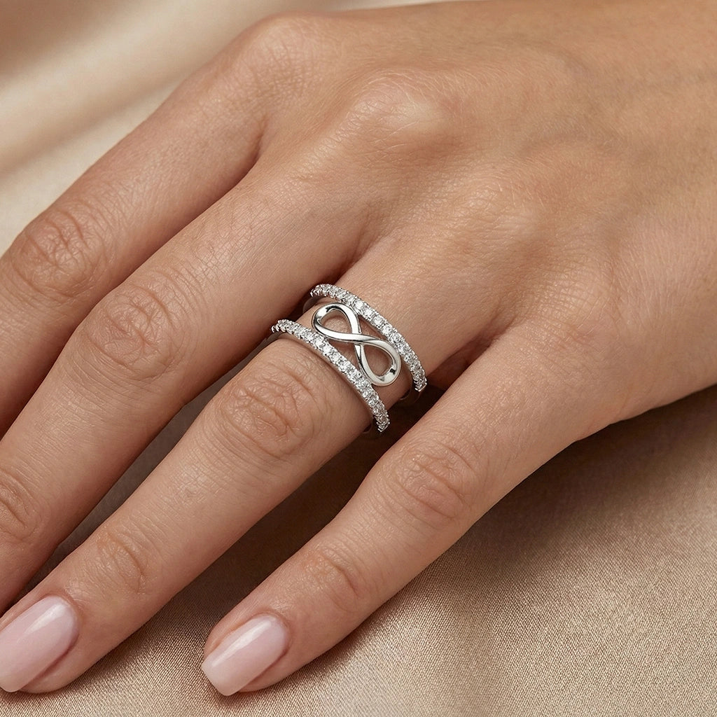 Elegant Infinity Motif Diamond Finish Moissanite Split Shank Ring in 925 Silver