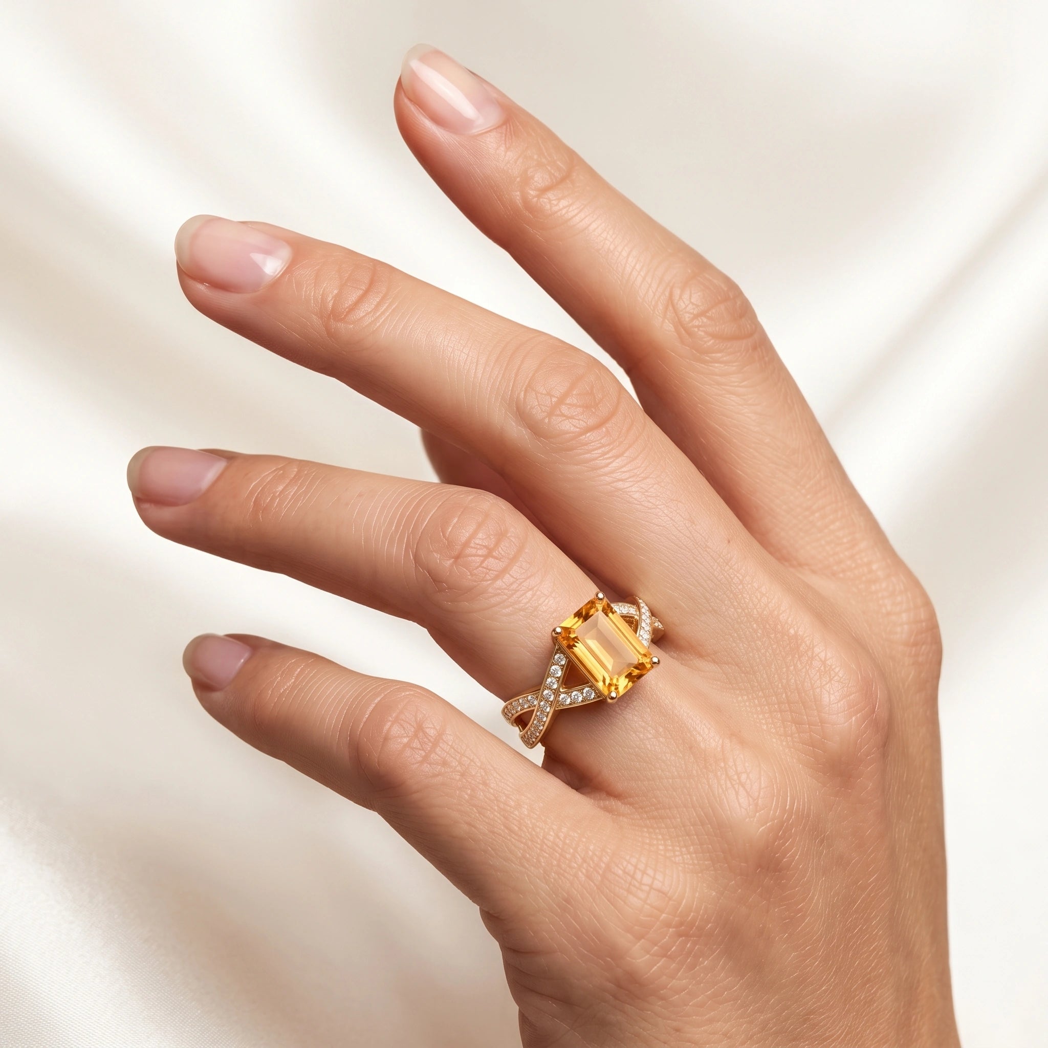 Emerald-Cut Golden Citrine Infinity Crisscross Ring