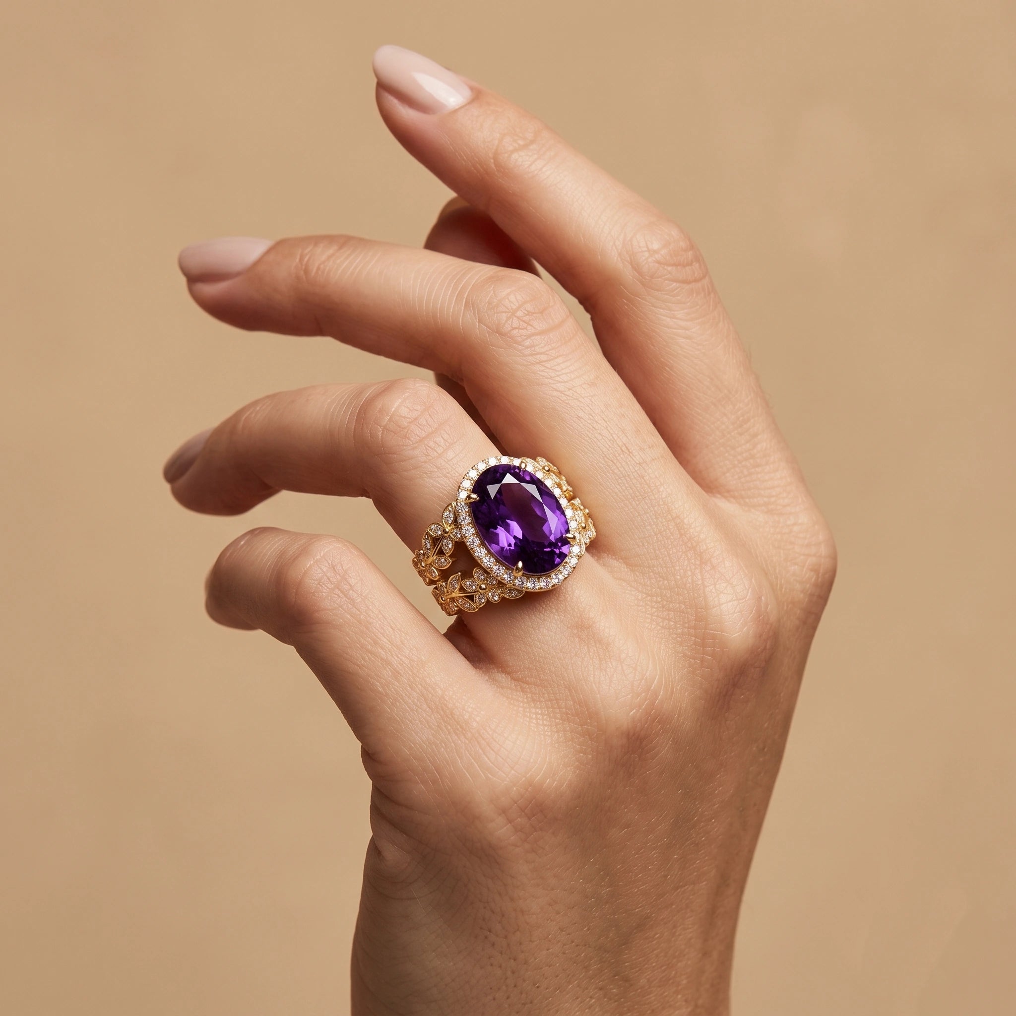 Oval Imperial Amethyst Enchanted Laurel Wide Band Halo Ring